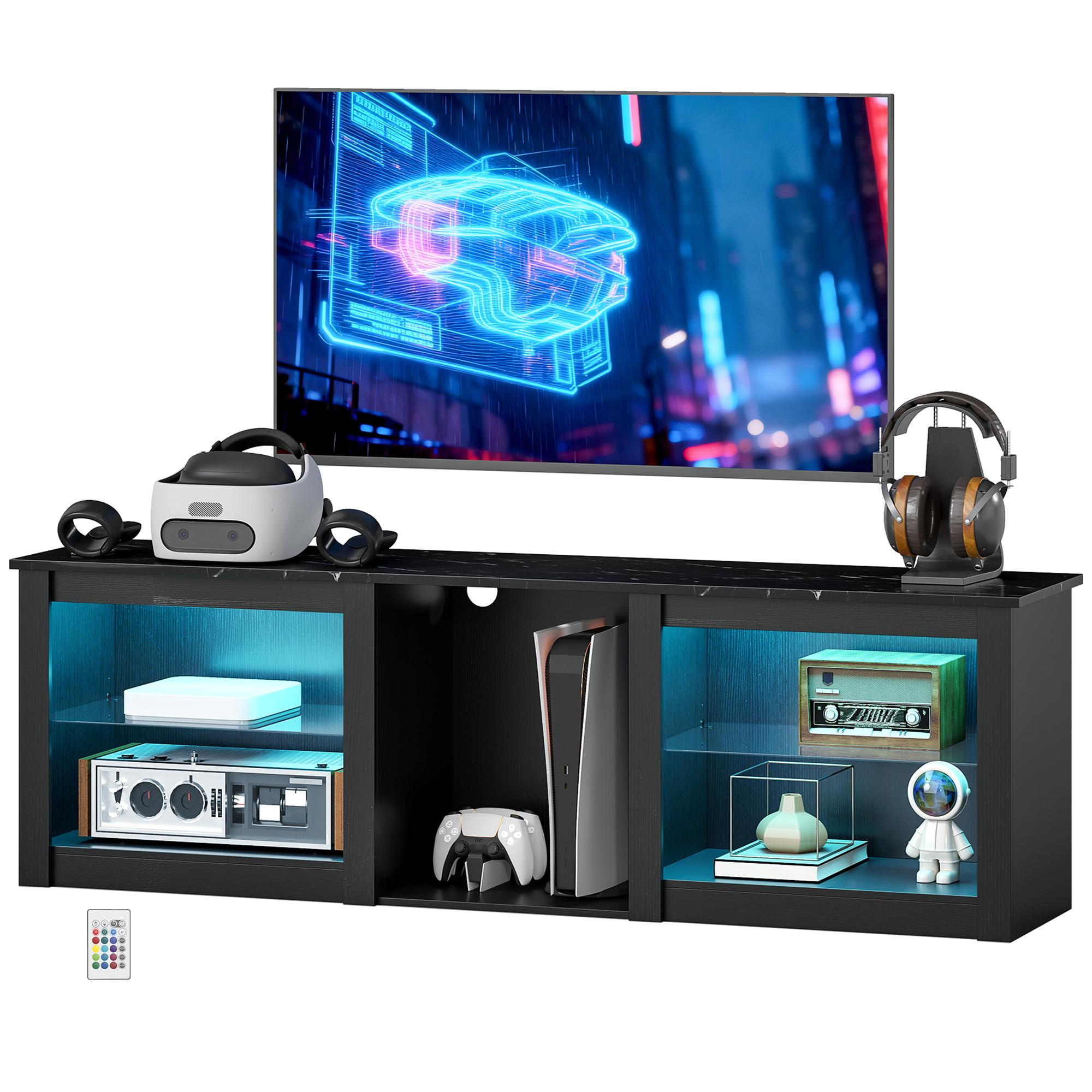 Black LED TV Stand with Adjustable Glass Shelves