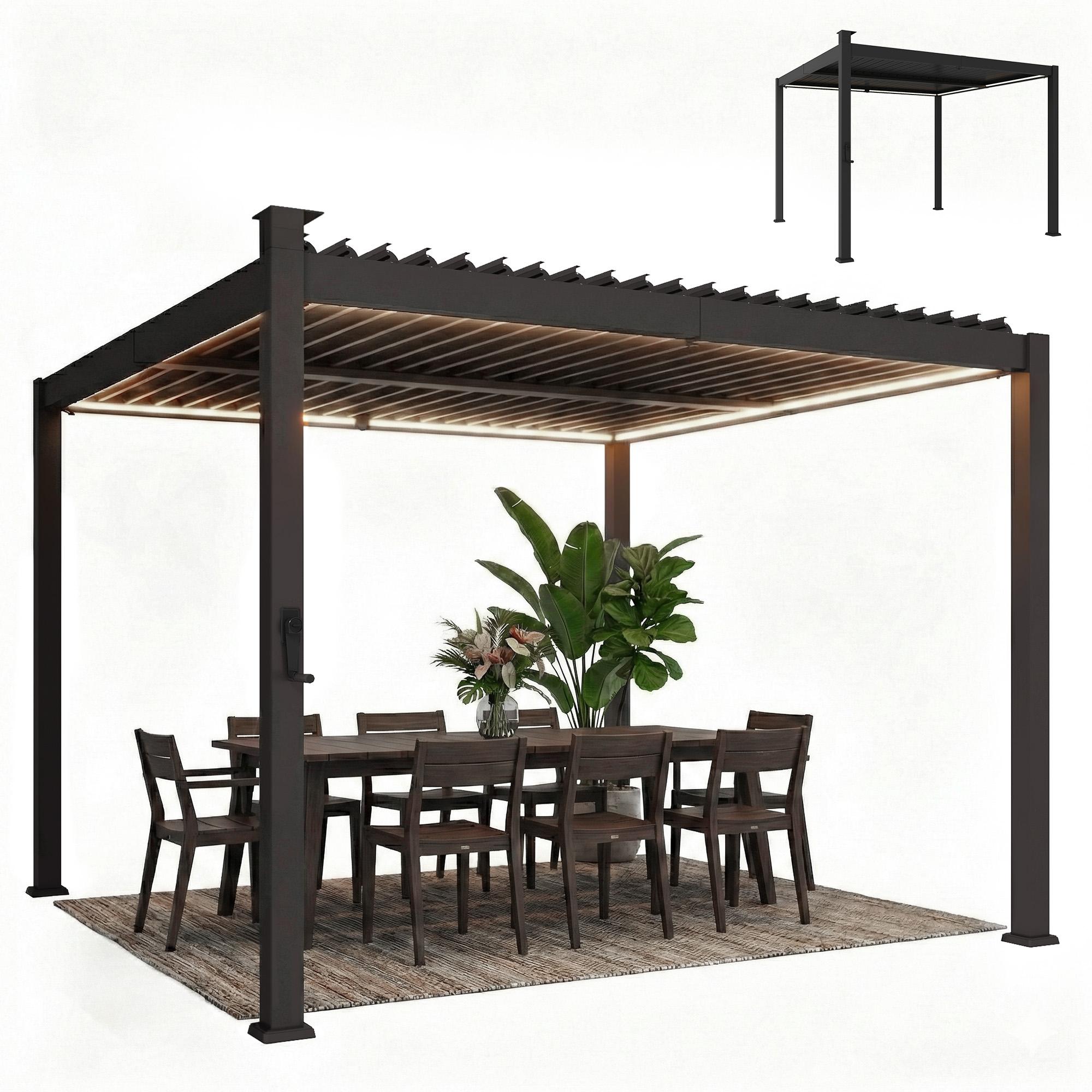 Black Louvered Pergola with Solar LED Lights, 118.1 in