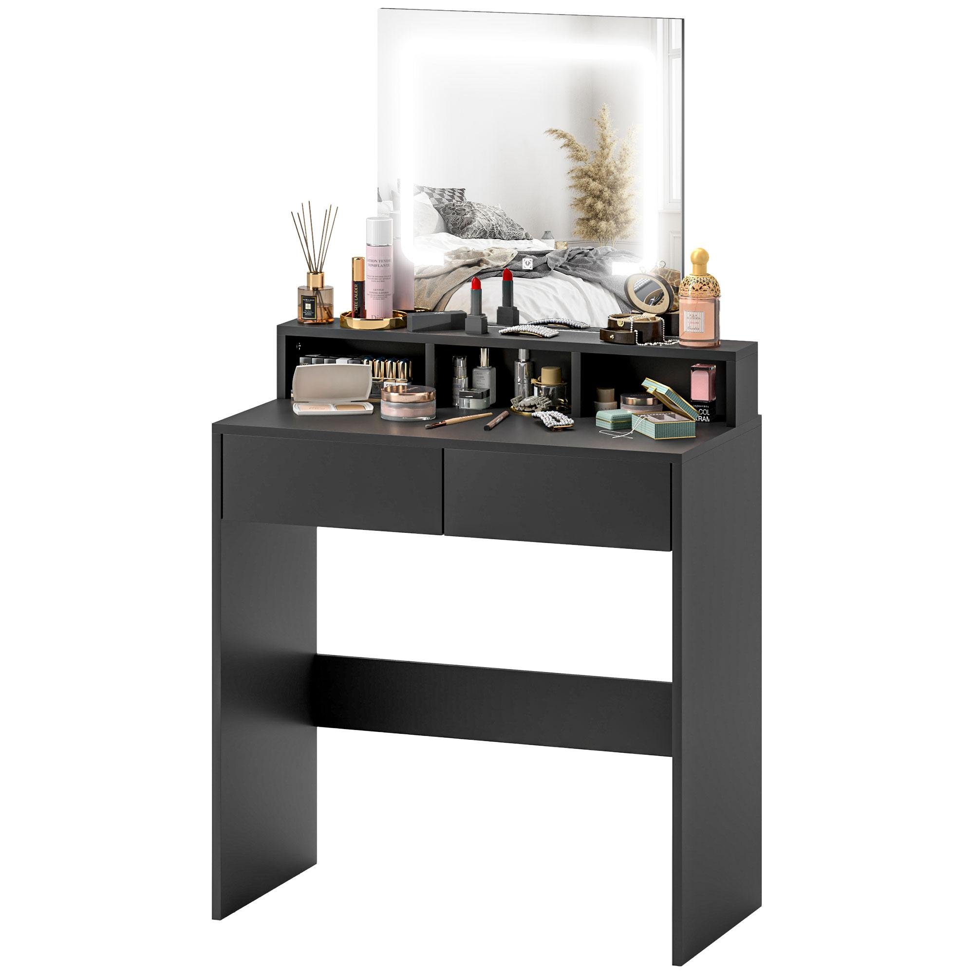 Black LED Makeup Vanity with Mirror, Drawers and Storage