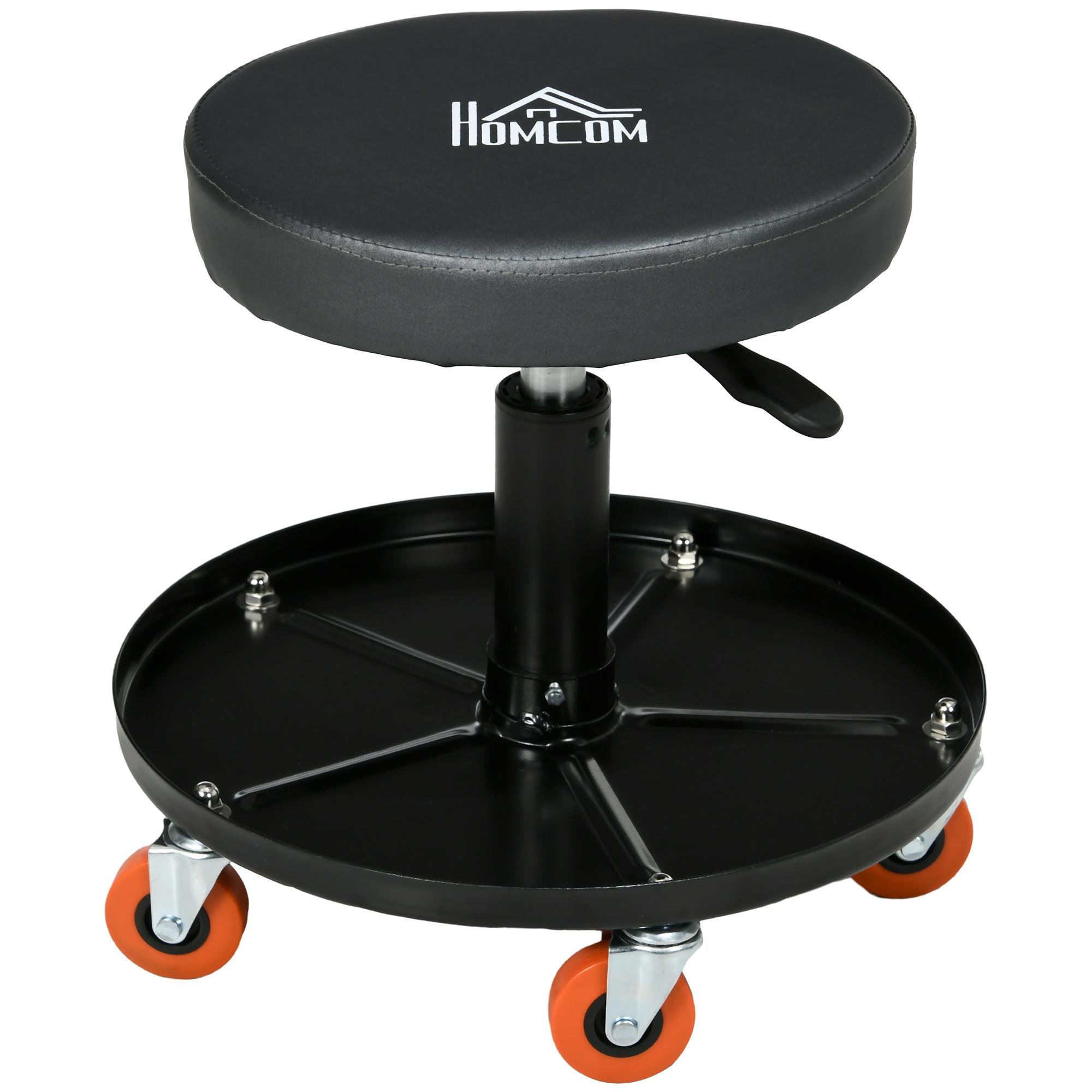 Black Steel Mechanic Stool with Tool Tray, Wheels