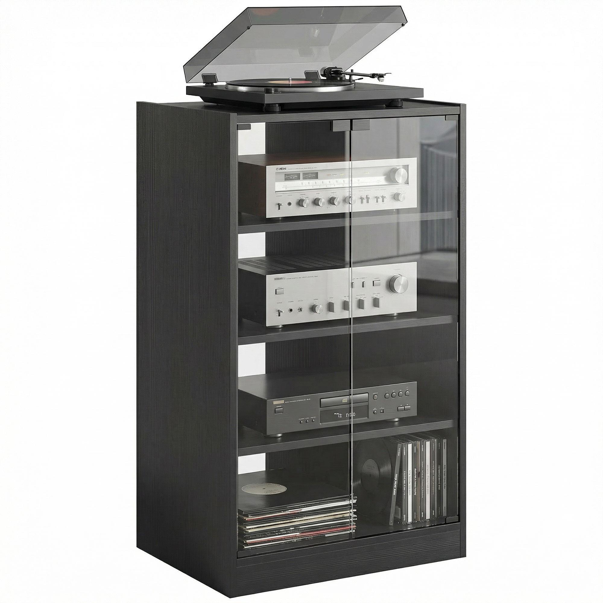 Black Glass Door Media Cabinet with Adjustable Shelves