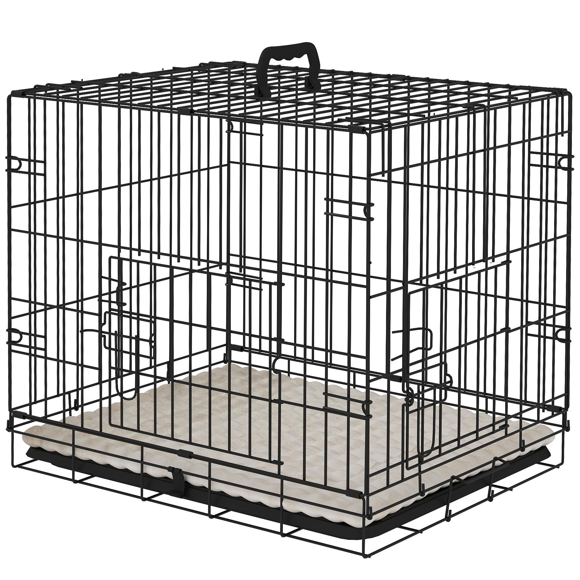 24 Inch Black Dog Crate with Two Doors and Cushion