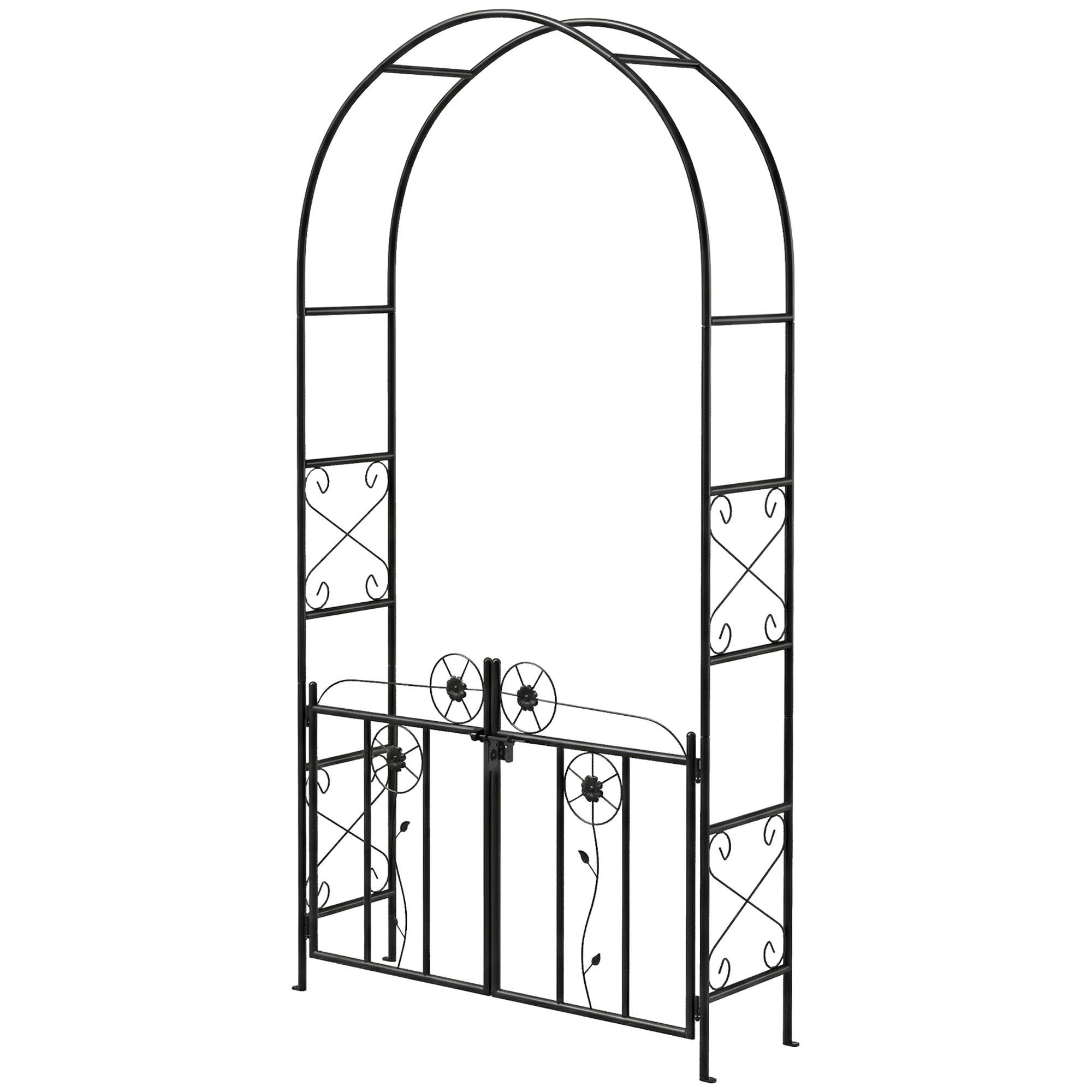 Black Gated Metal Garden Arch with Art Nouveau Trellis