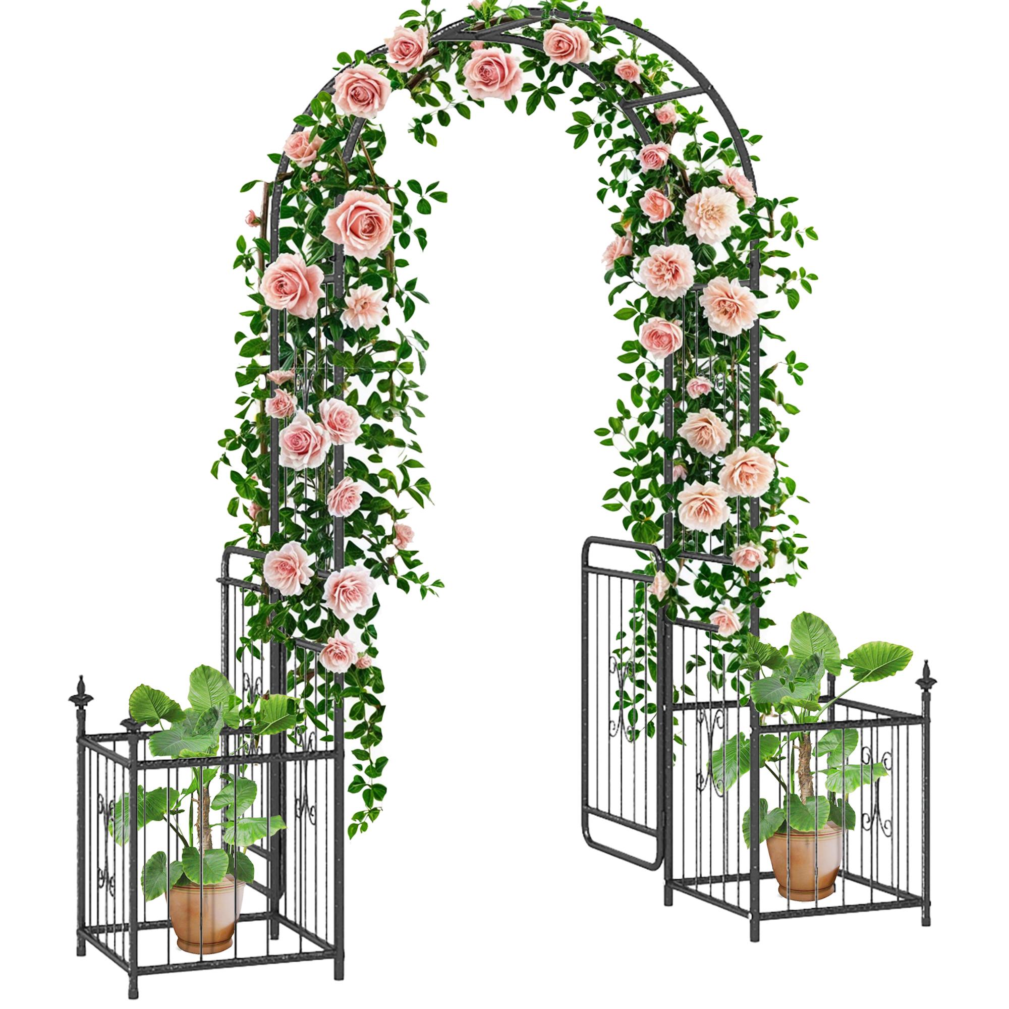 Black Metal Garden Archway with Gate and Two Planter Boxes