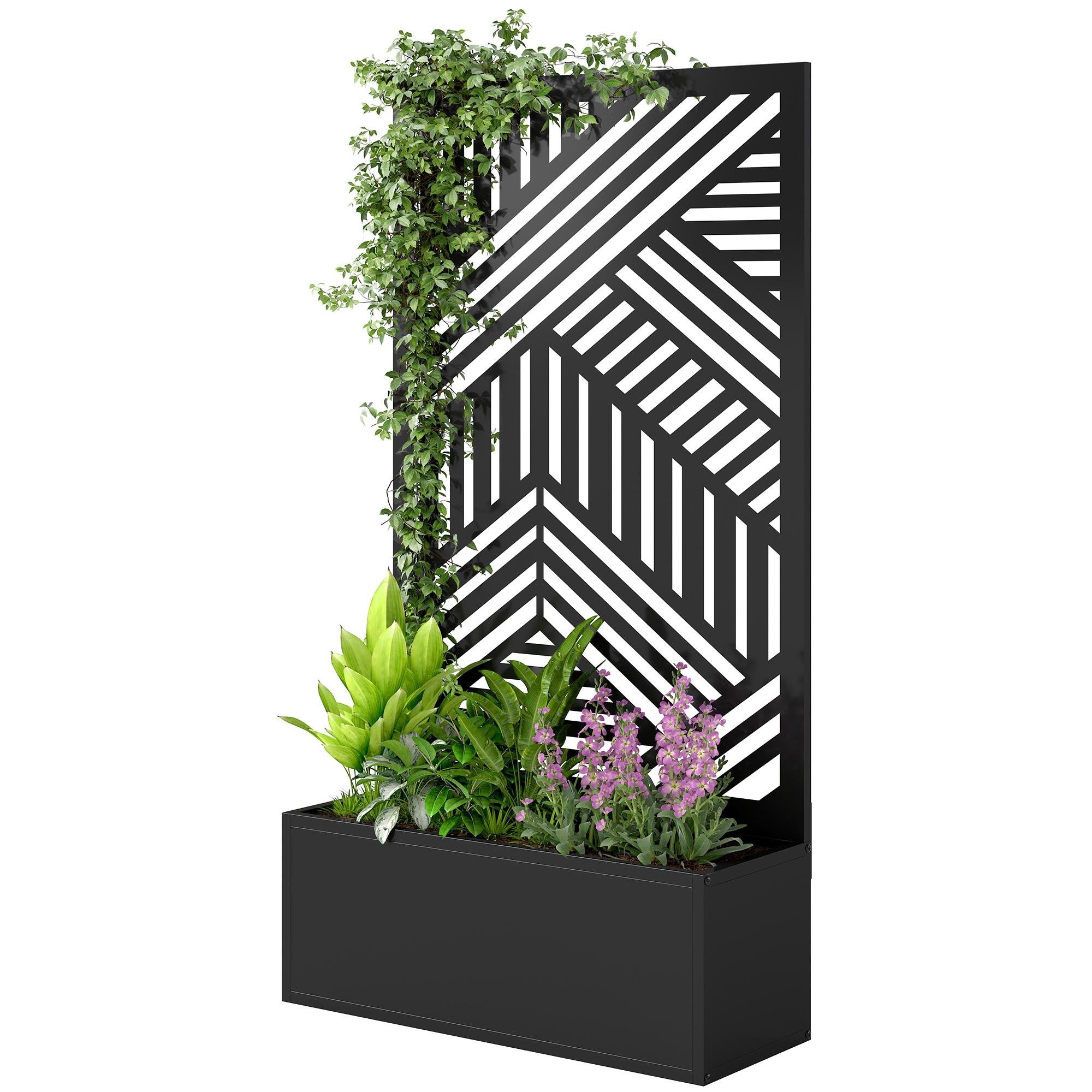 Black Geometric Slatted Planter with Trellis