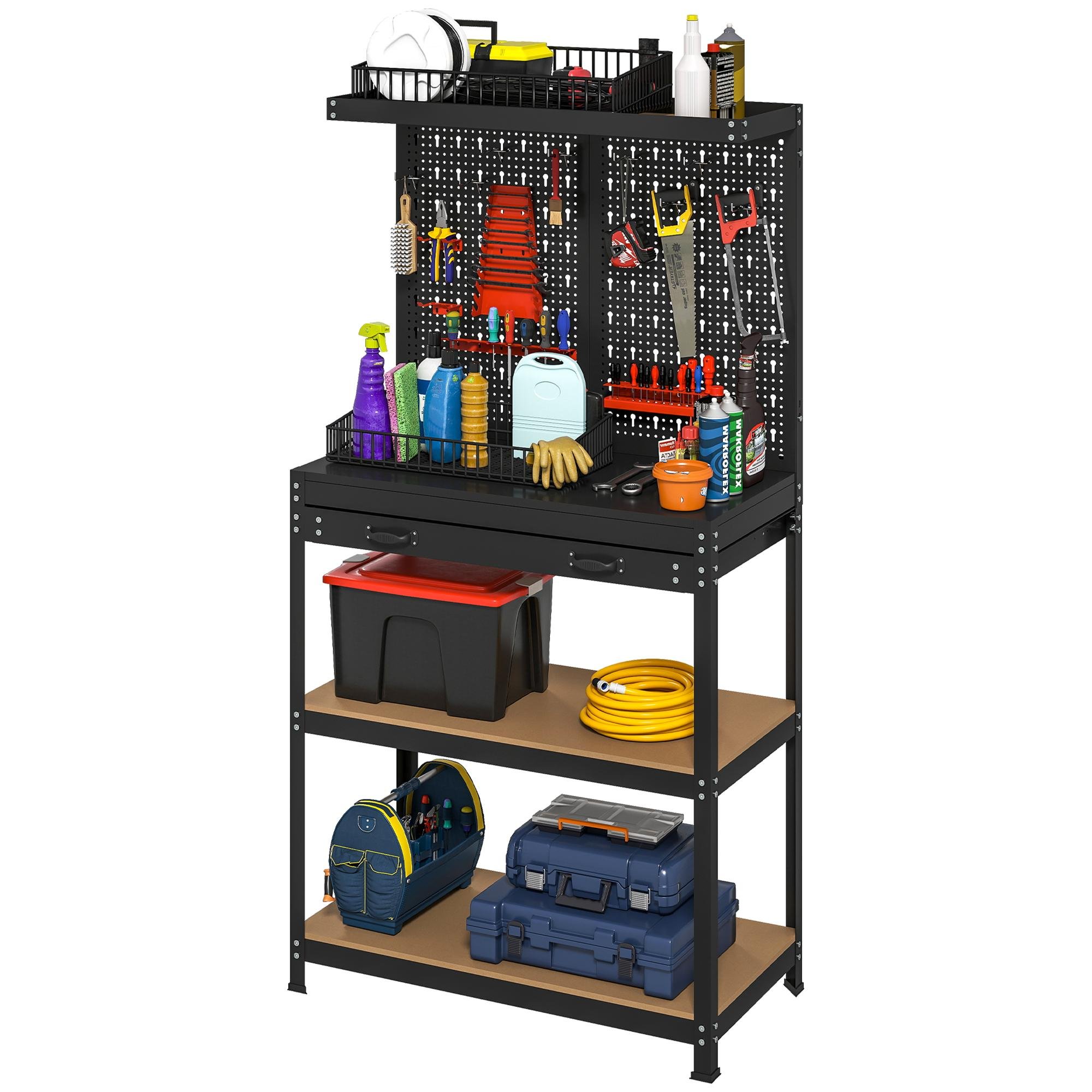 Black MDF Pegboard Workbench with 529 lb Capacity