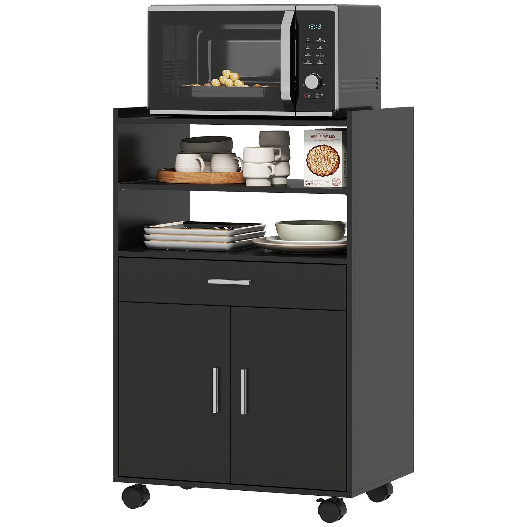 Black Microwave Storage Cart with Wheels and Worktop