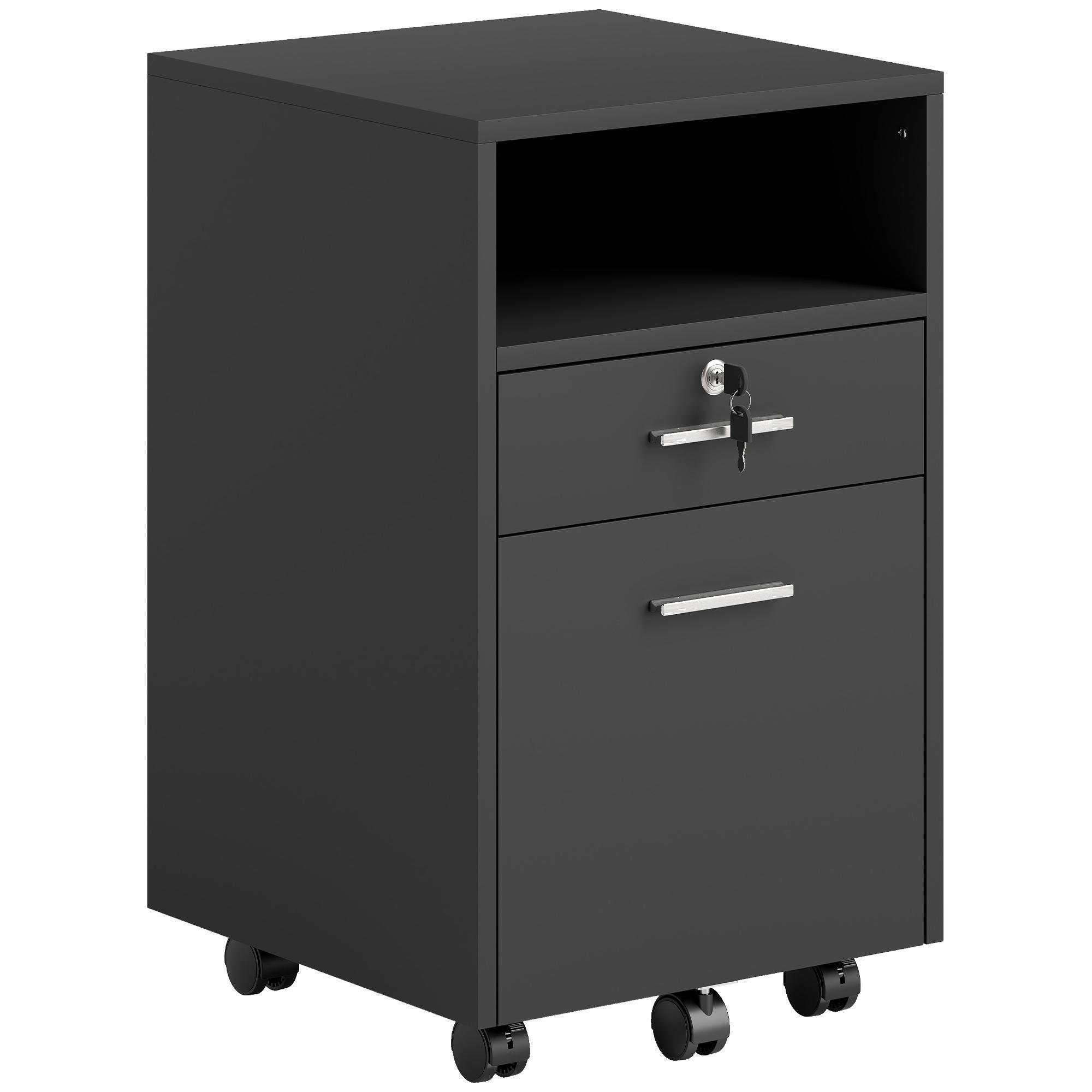 Black Mobile Filing Cabinet, Lockable 2-Drawer Office Storage