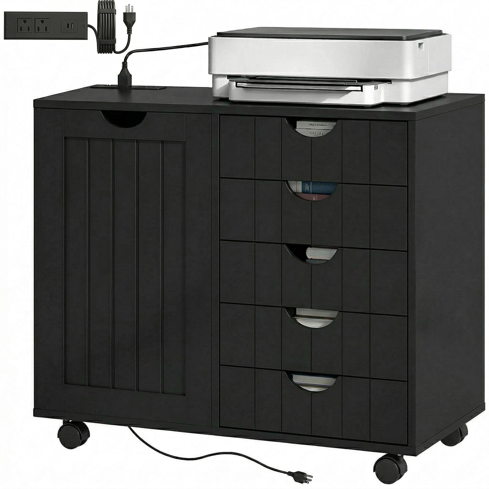 Black Five Drawer Office Cabinet with Charging Station, 30.7 in