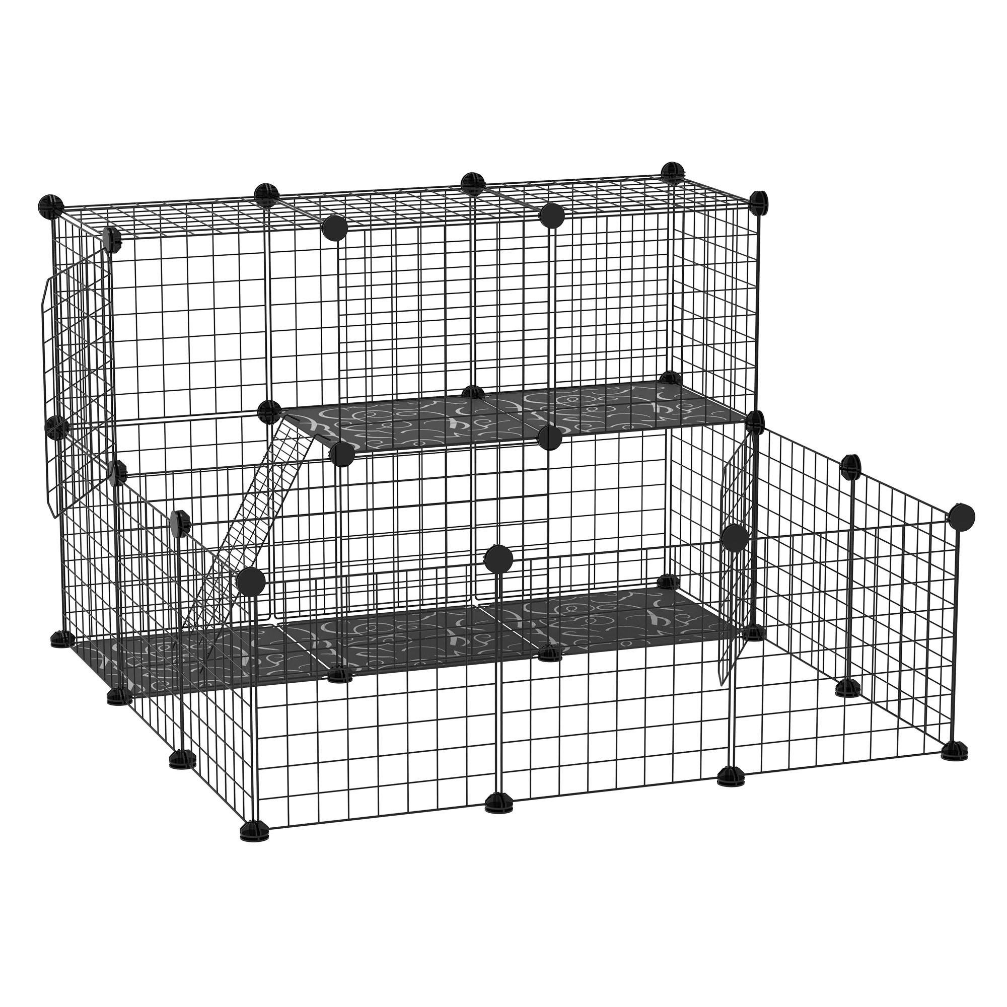 Black 31 Panel Animal Cage with Ramp, 105 x 105 x 70 cm