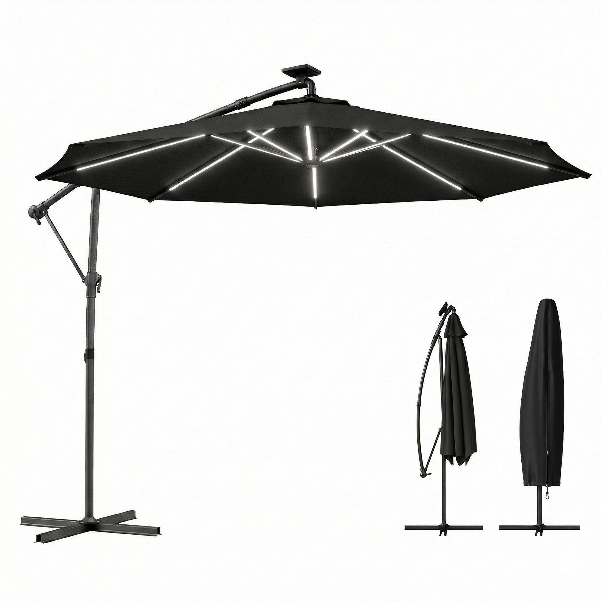 Black Solar Offset Umbrella with 10 ft Canopy