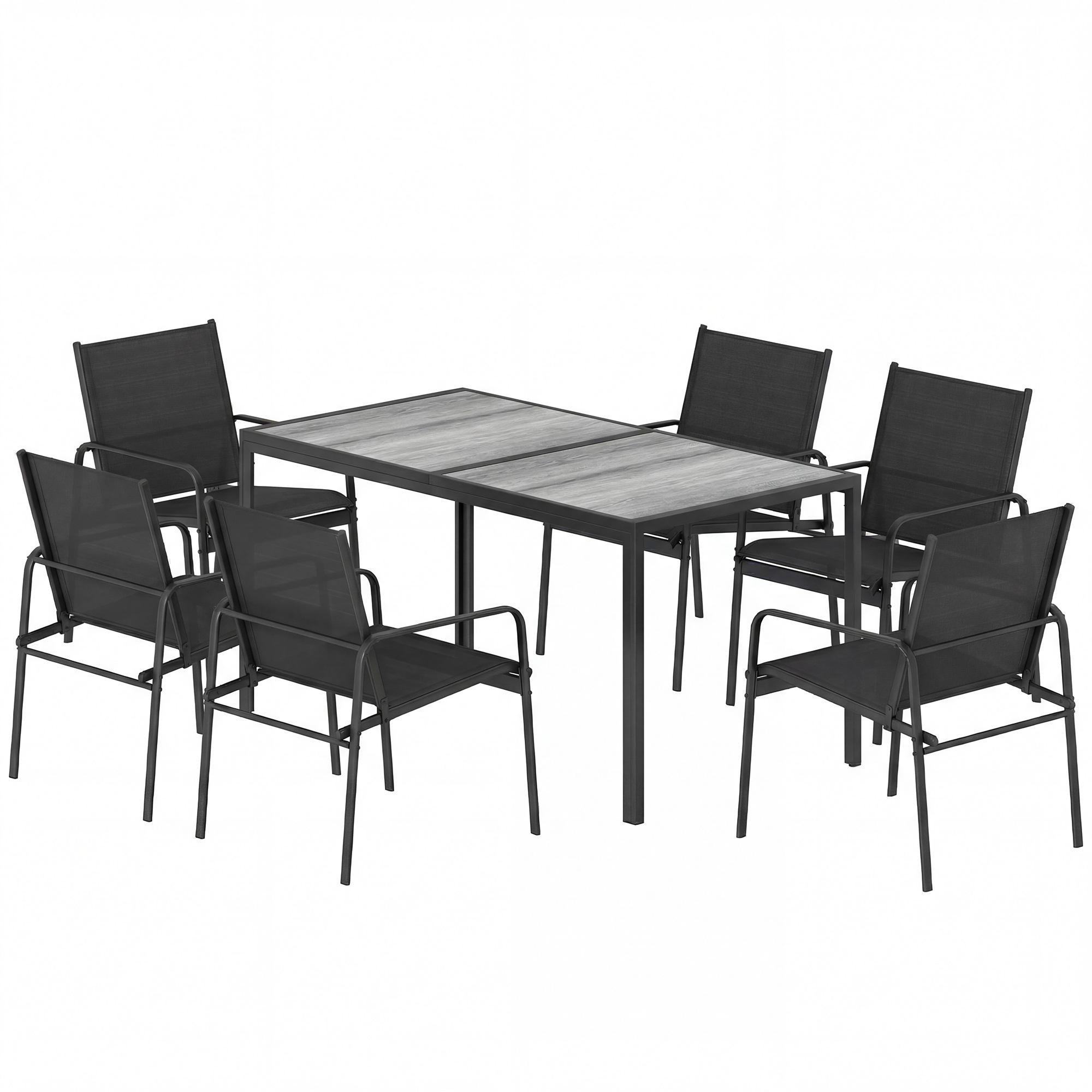 Black Faux Wood Patio Set with Mesh Chairs for 6