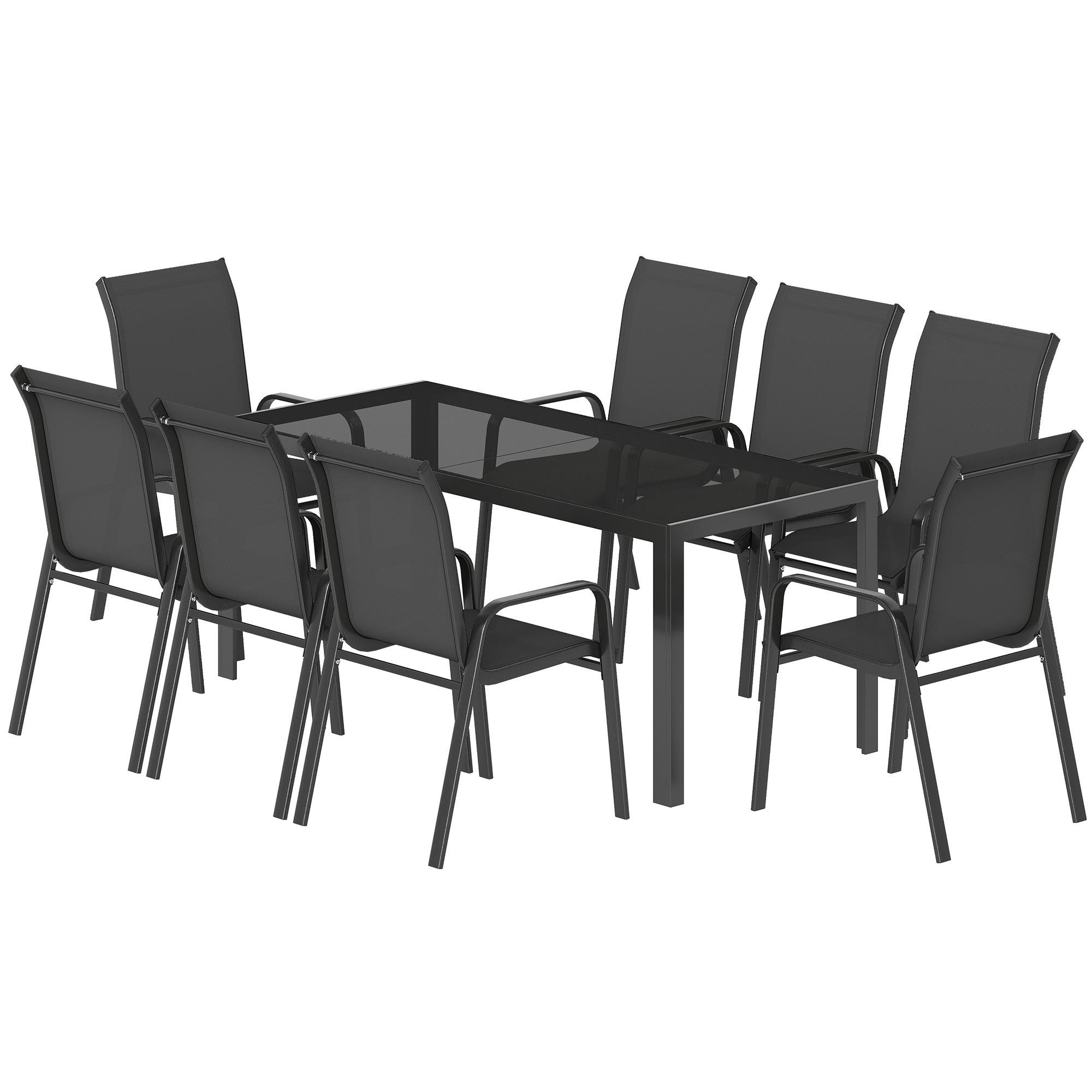 Black Eight-Chair Patio Set with Tempered Glass Table