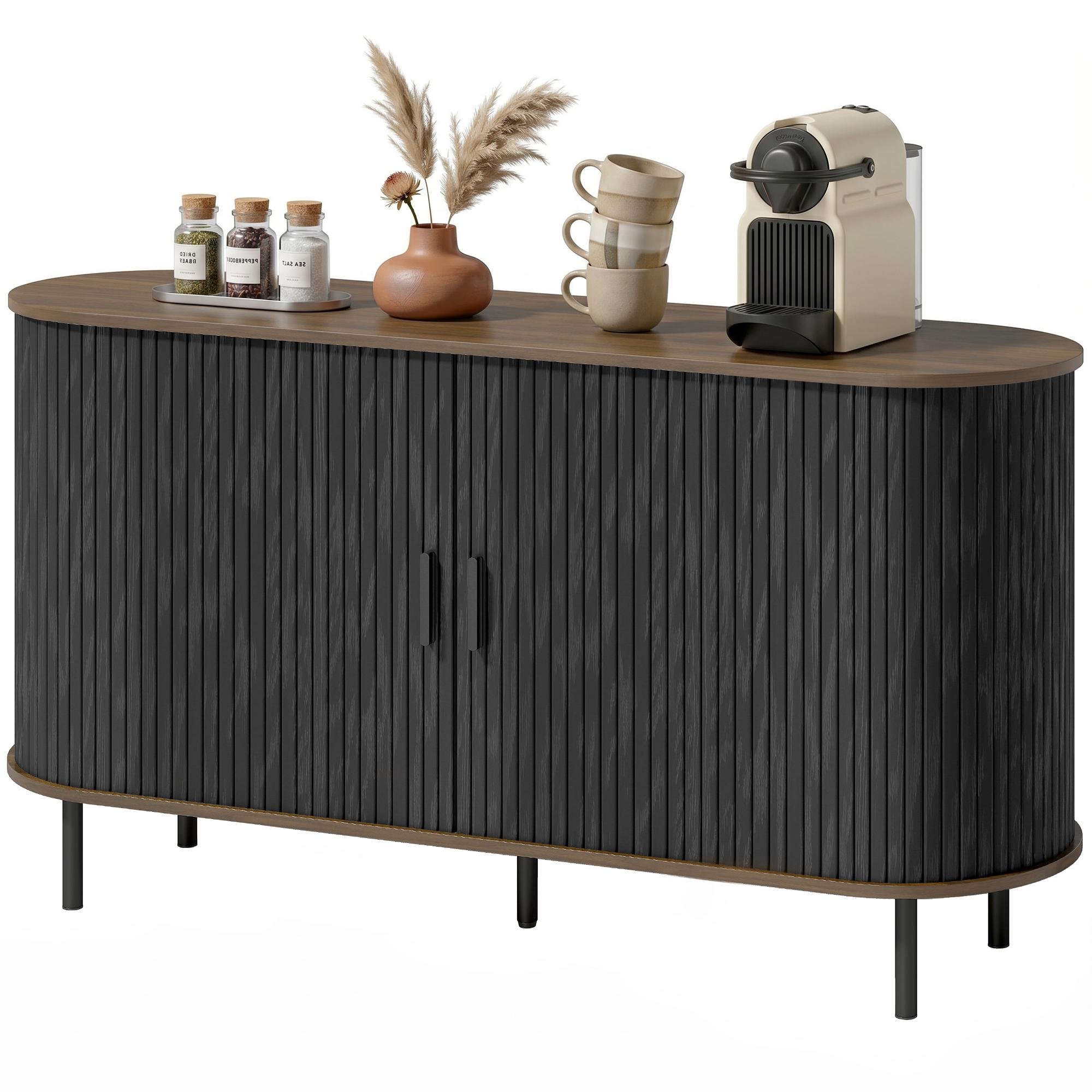 Black Oval Buffet Cabinet with Fluted Doors, 55.1 in