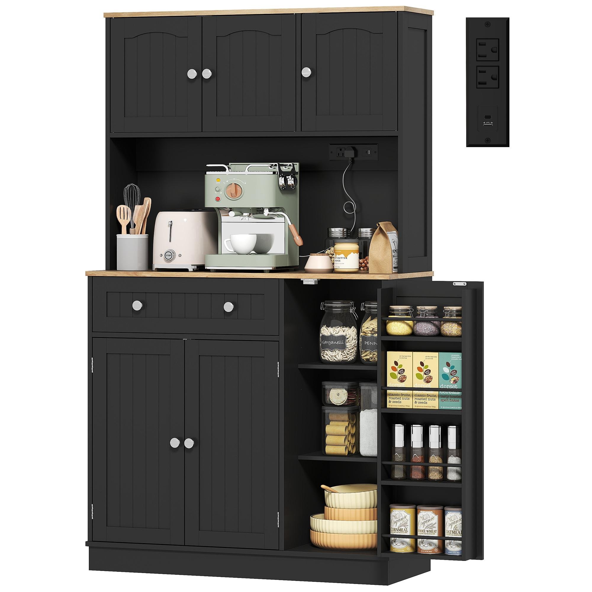 Black Charging Pantry Cabinet with Spice Racks, 68 Inch
