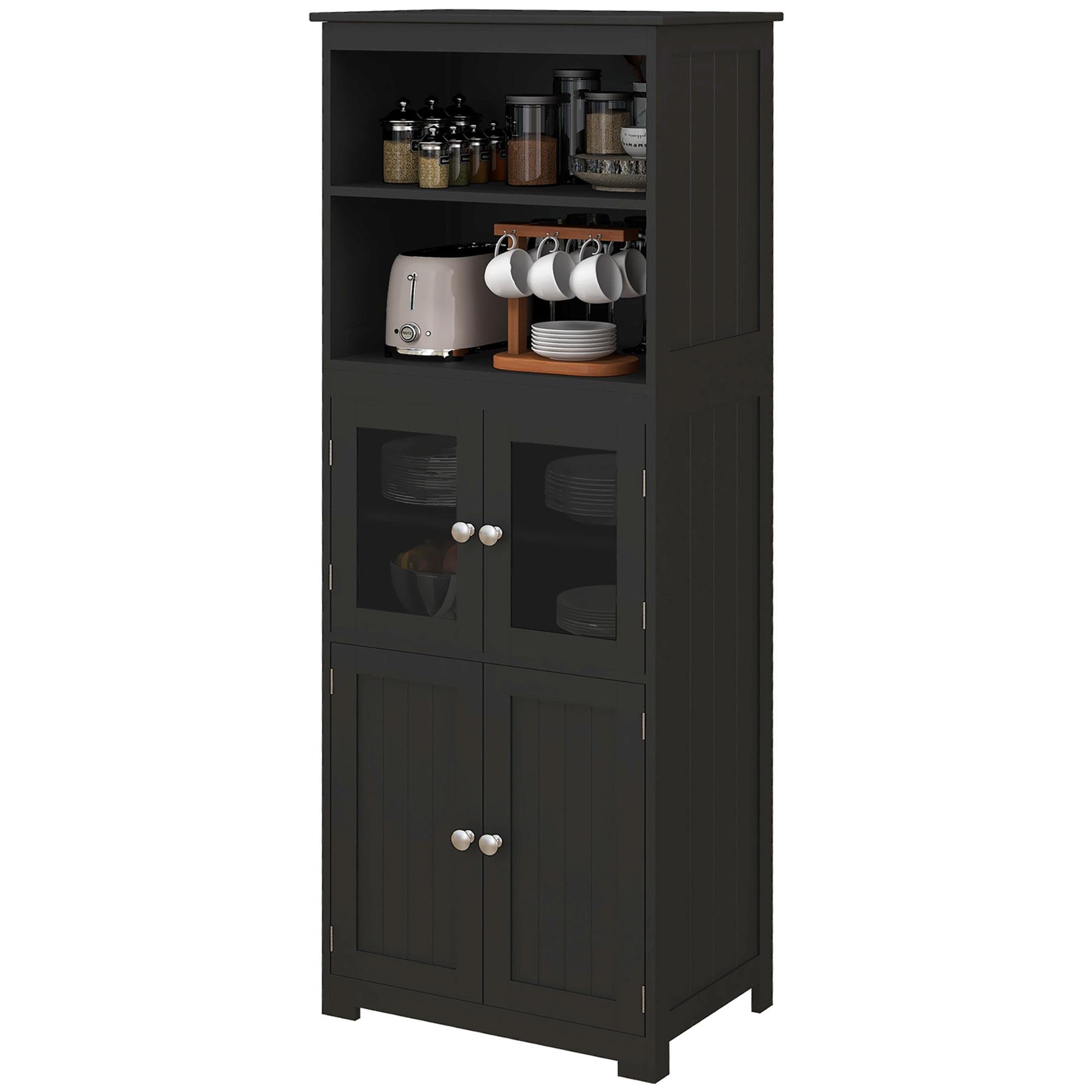 Black Glass Door Pantry Cabinet with Adjustable Shelf