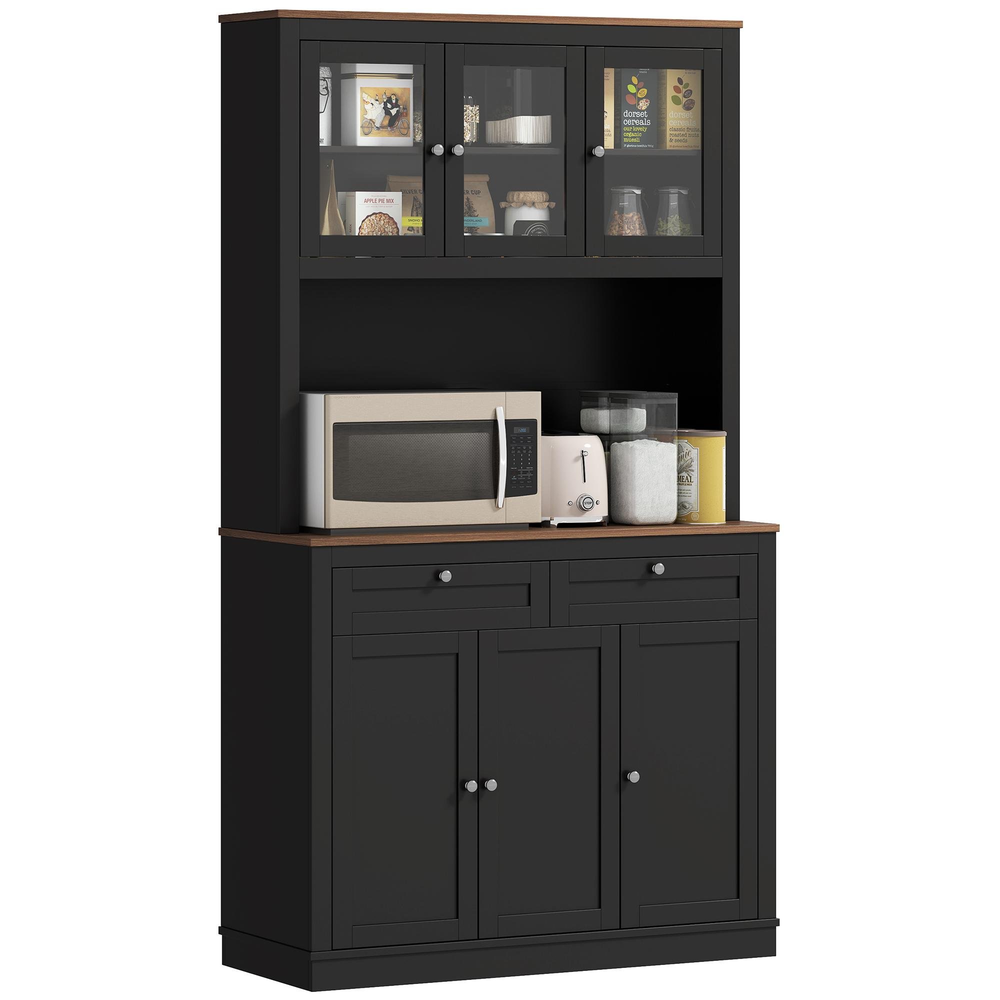 Black Pantry Cabinet with Hutch, Glass Doors and Drawers
