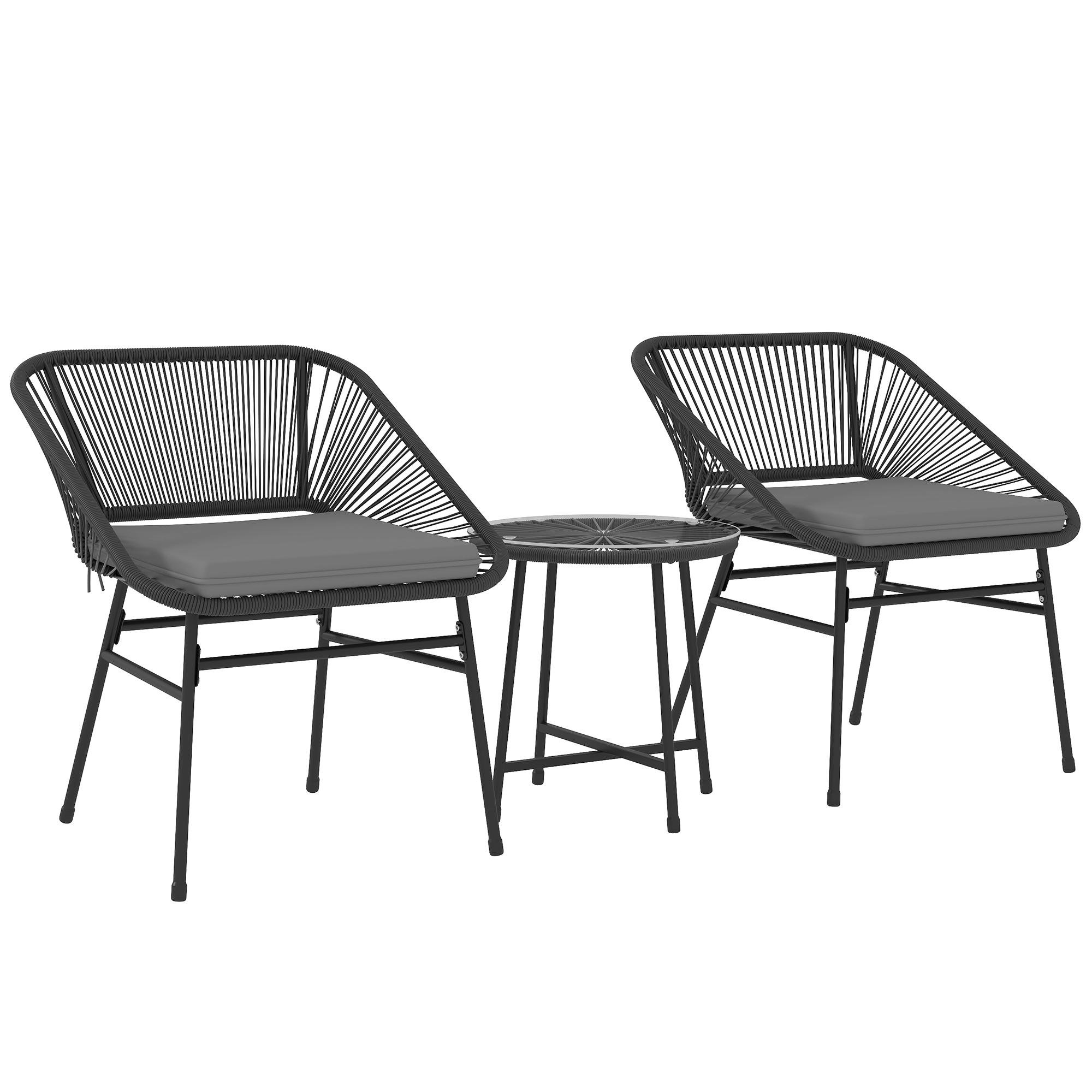 Black PE Rattan Bistro Set with Glass Table for Balconies