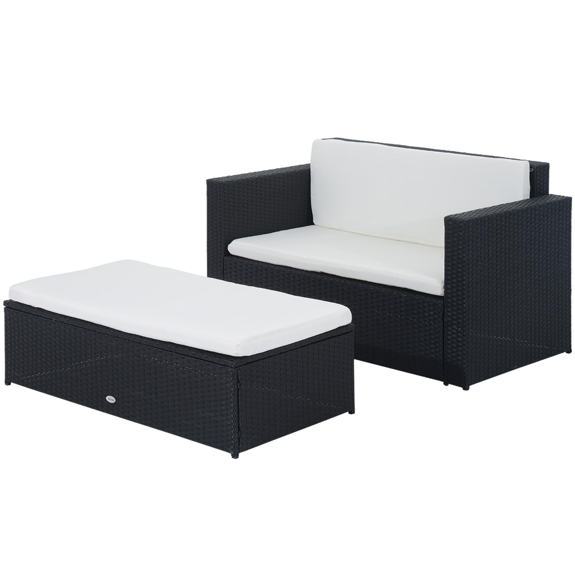 Black PE Rattan Loveseat with Ottoman, Outdoor 2-Piece Set