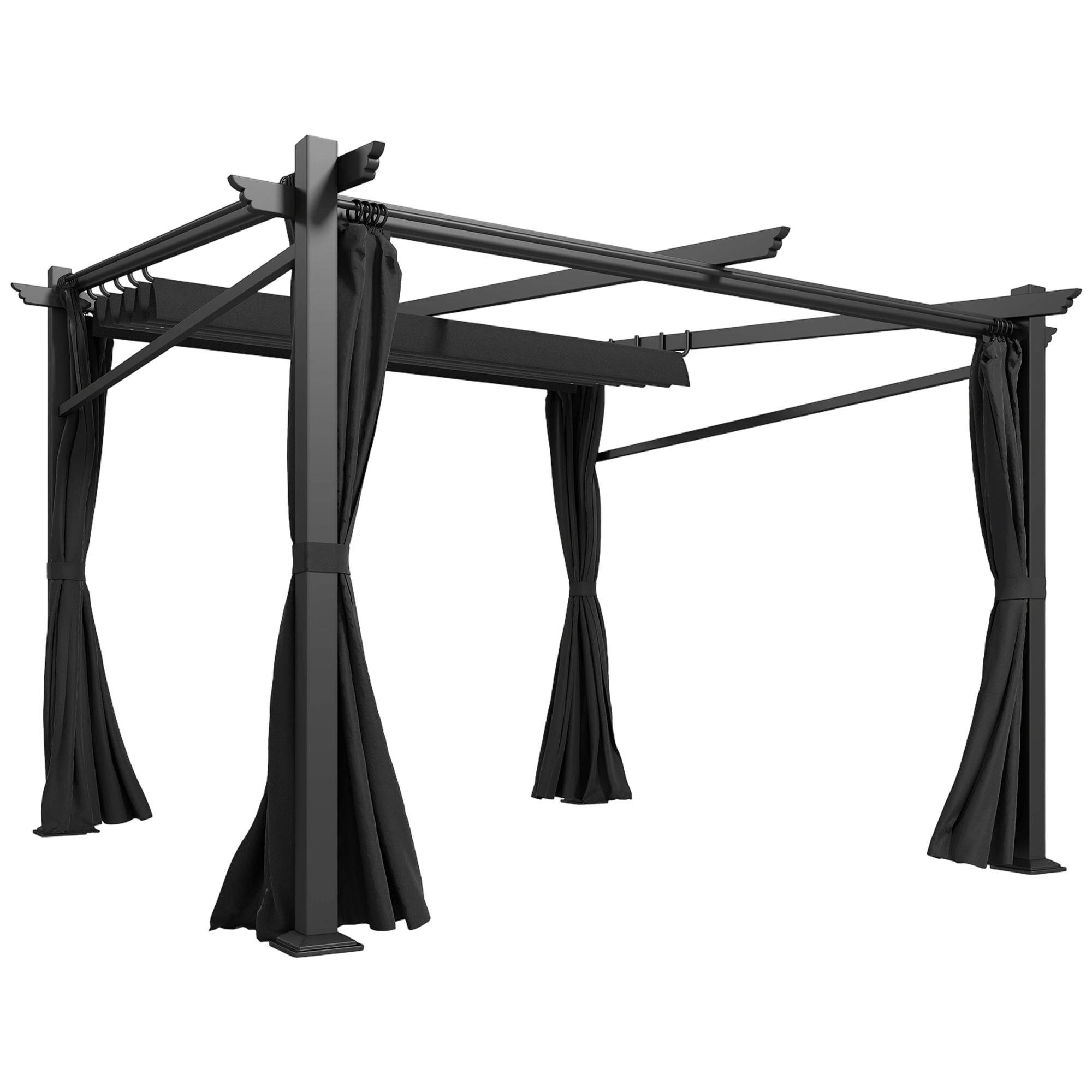 Black Sliding Roof Pergola with Curtains, 10 x 10 ft