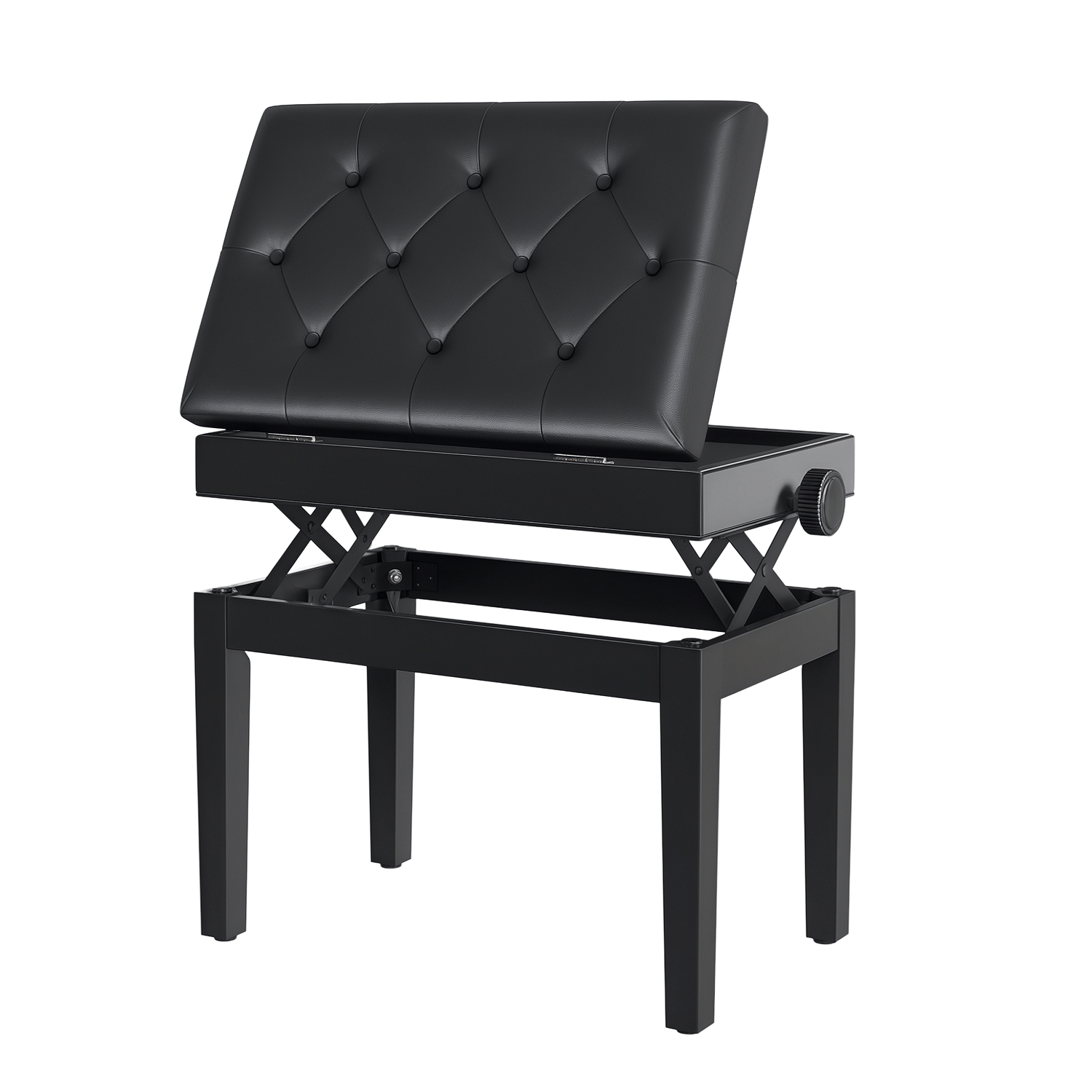 Black Tufted Piano Bench with Adjustable Height and Storage