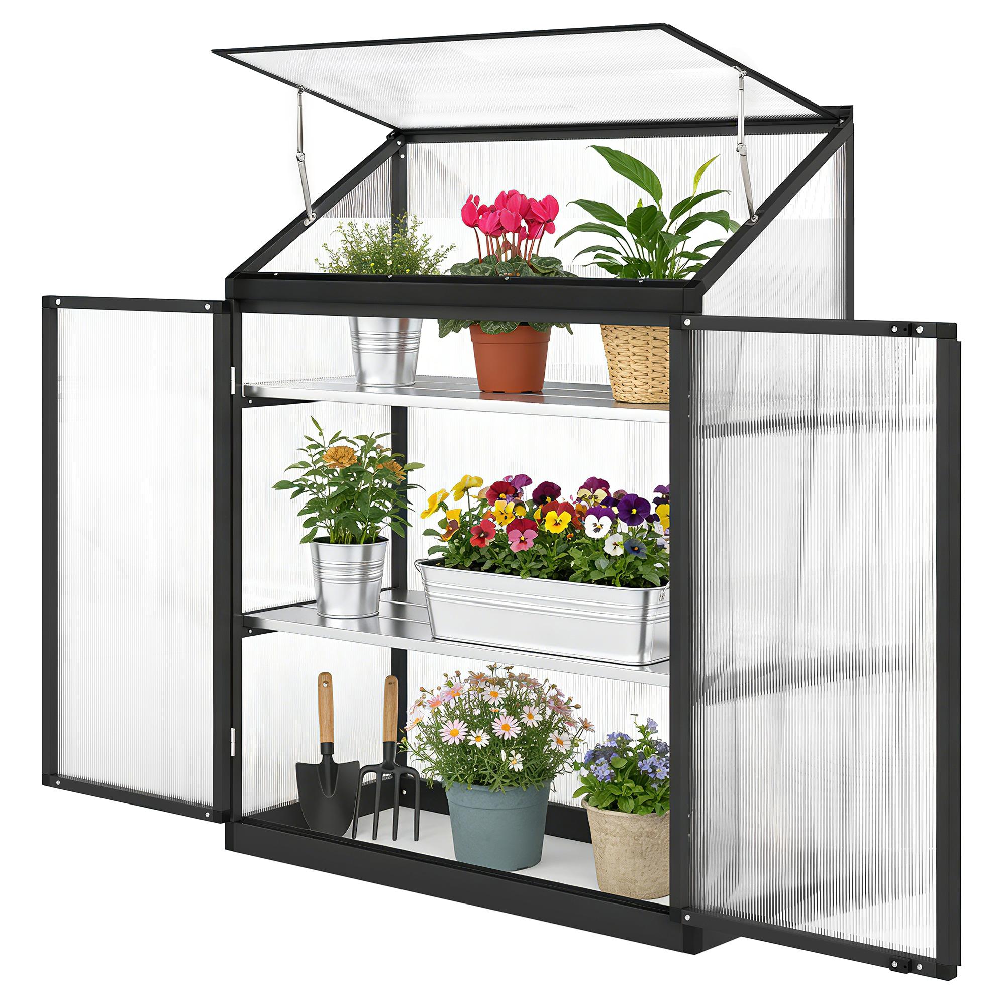 Black Polycarbonate Greenhouse with Quick Assembly, 120 x 55 x 155 cm