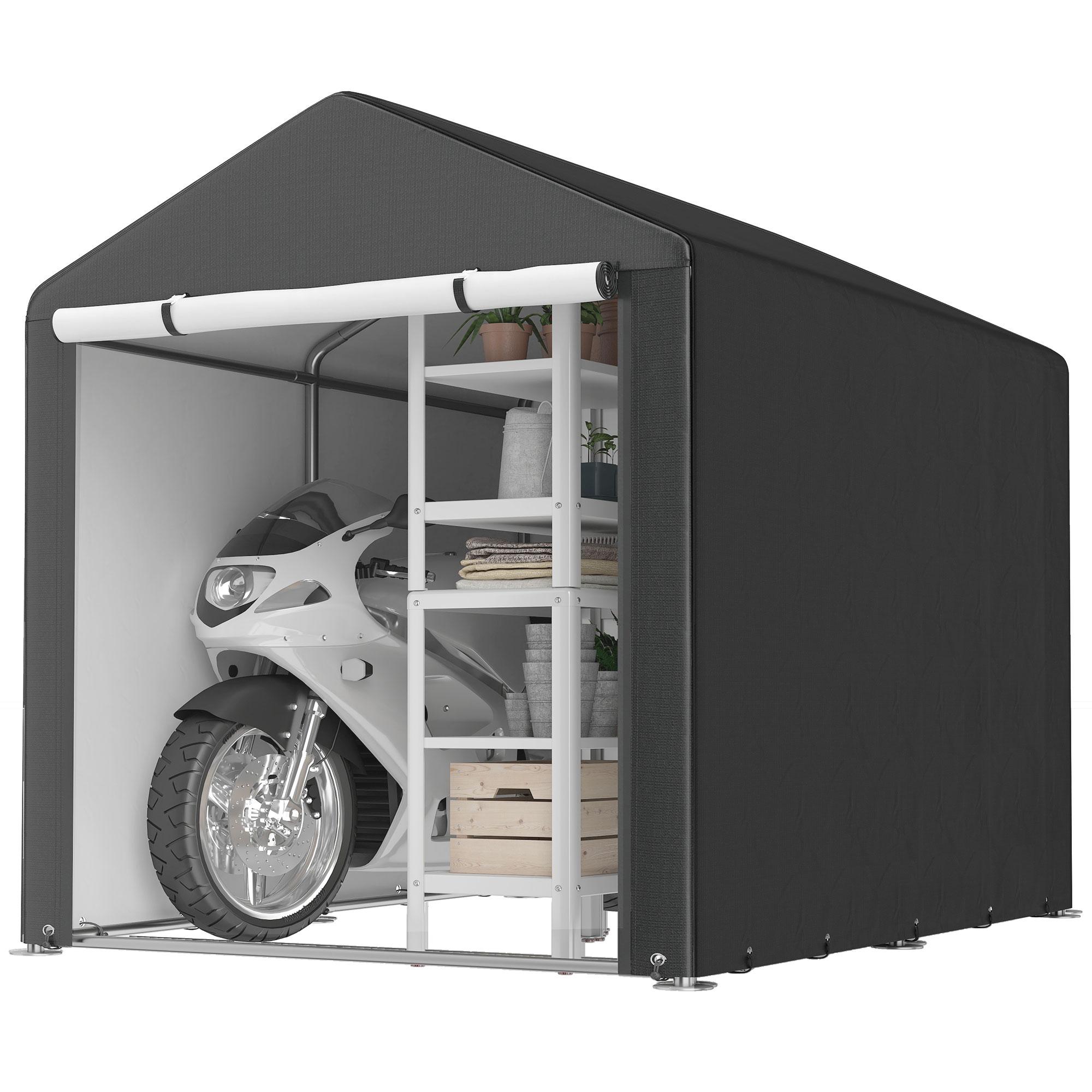 Black portable storage shed with large zipped door