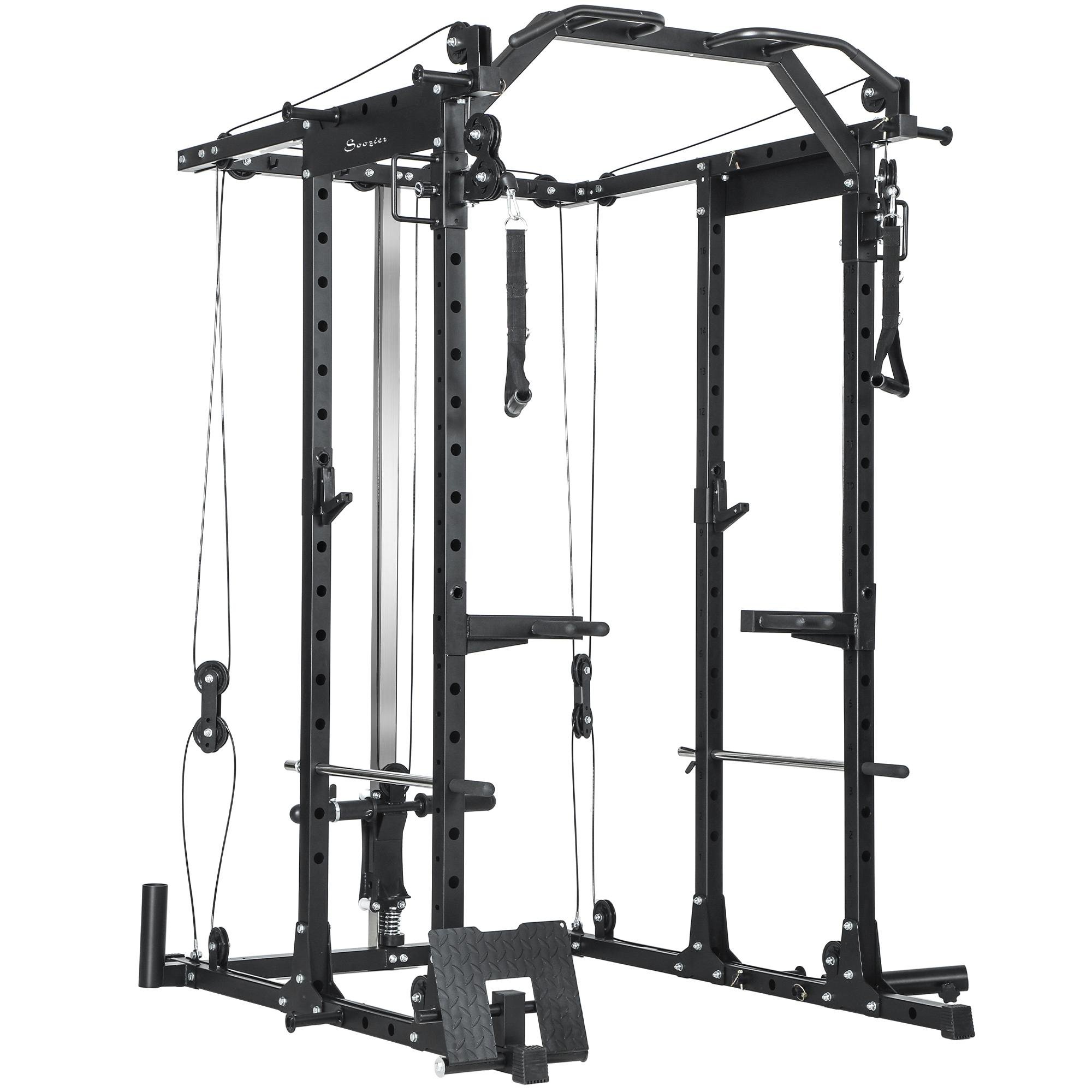 Black 93 kg Power Tower with Cable and Barbell Stations