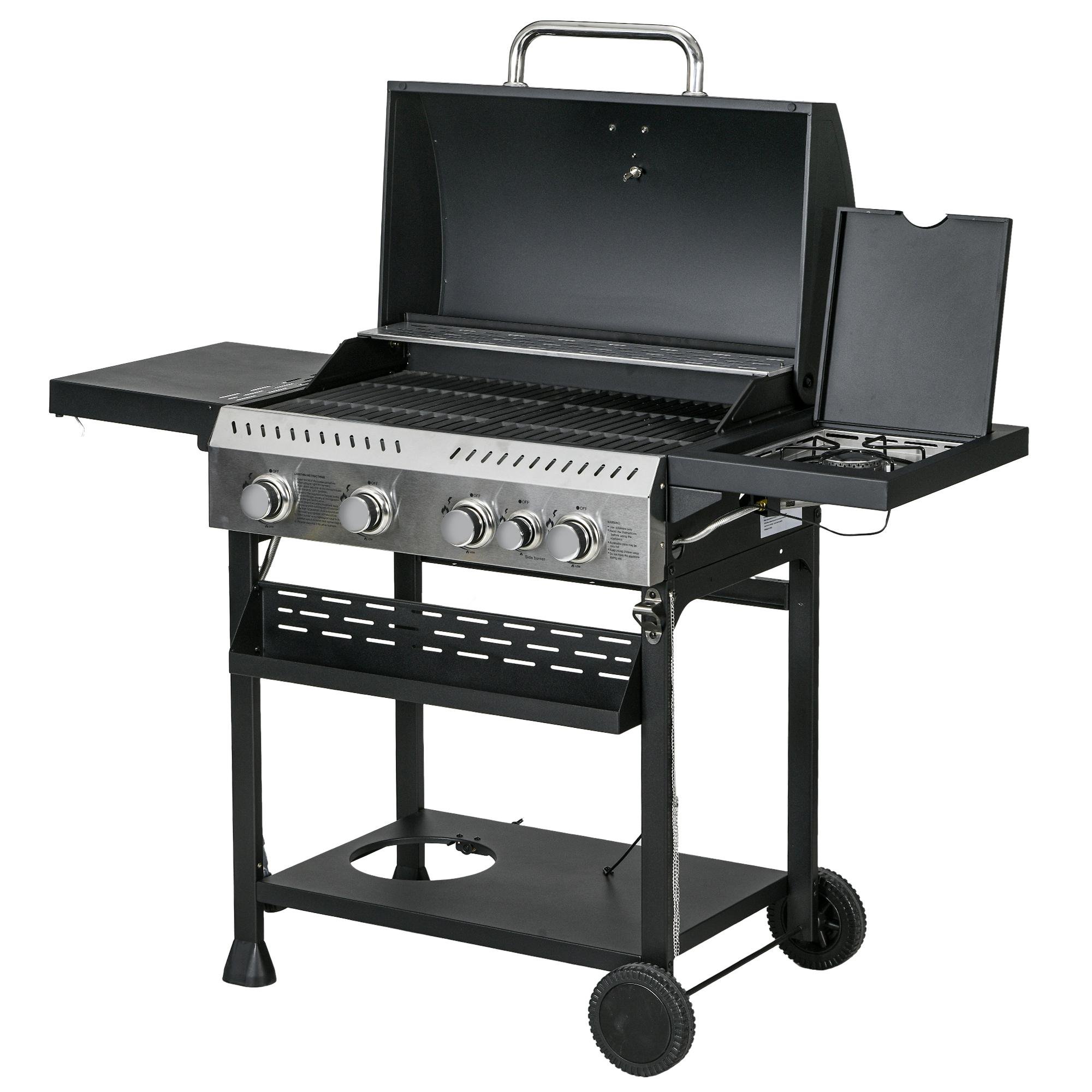 Black Propane Gas Grill with 4+1 Burners for Backyard Cooking