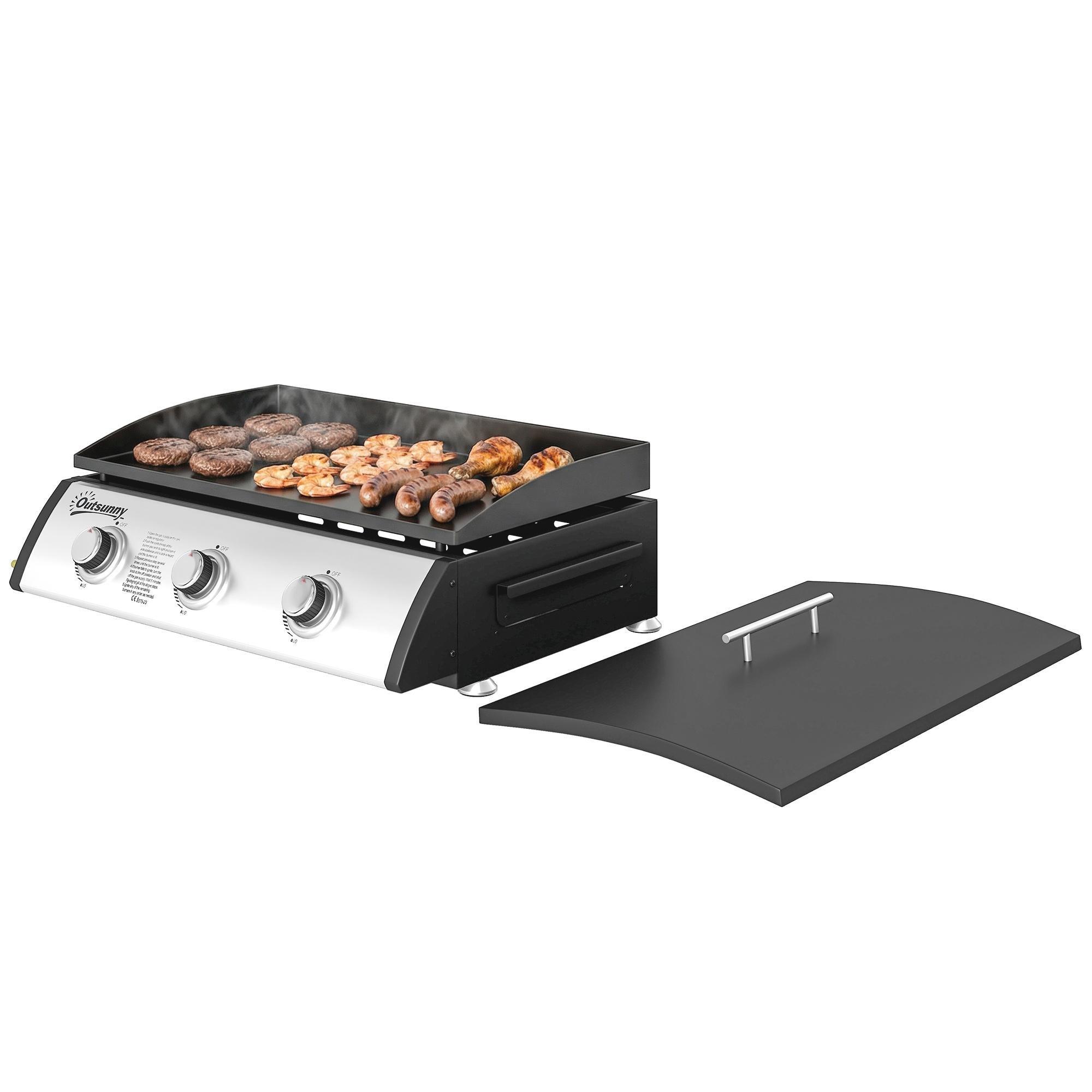 Compact Black Propane Griddle with 3 Burners, Lid