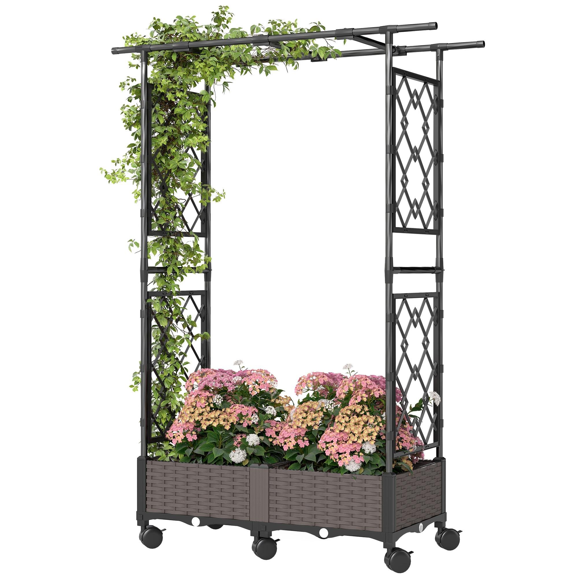 Black arch trellis garden bed with two planter boxes