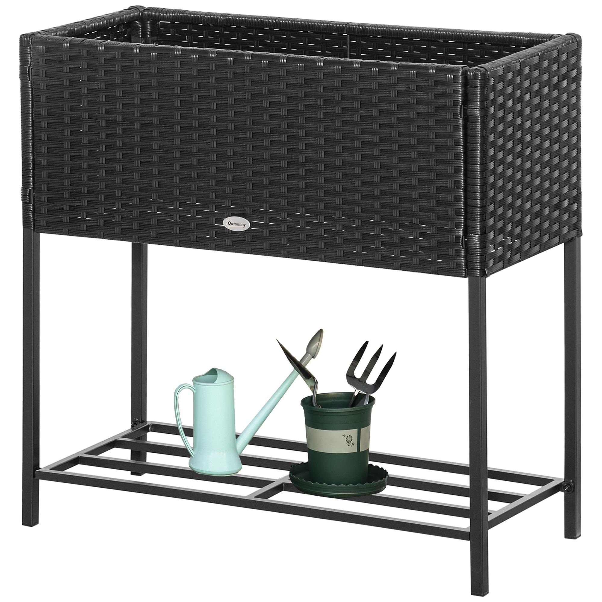 Black Rattan Elevated Garden Bed with Storage Shelf