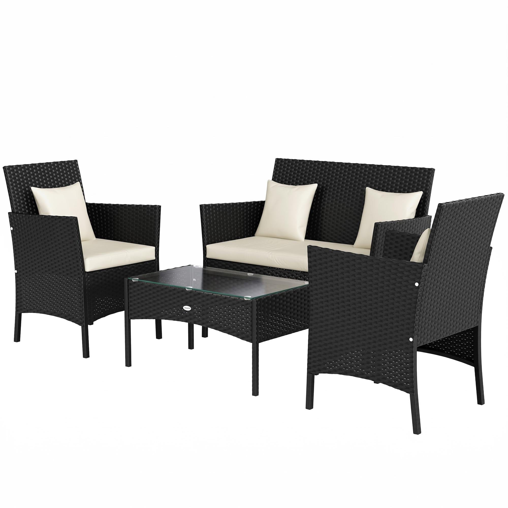Black Rattan Patio Set with Glass Coffee Table