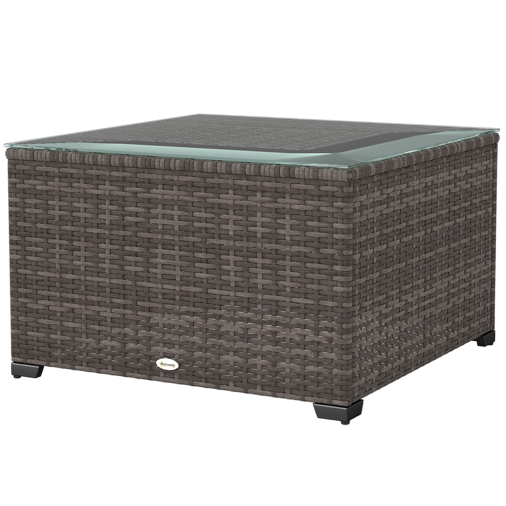 Black Rattan Patio Side Table with Tempered Glass, 24.4"