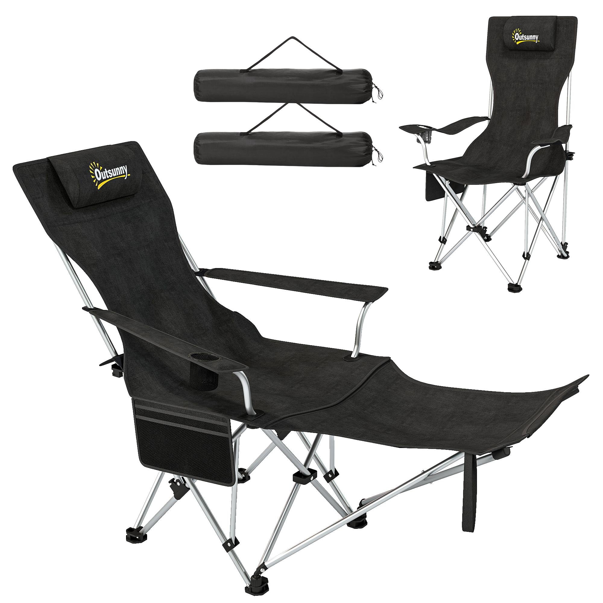Black Reclining Camping Chair Set with Detachable Footrests