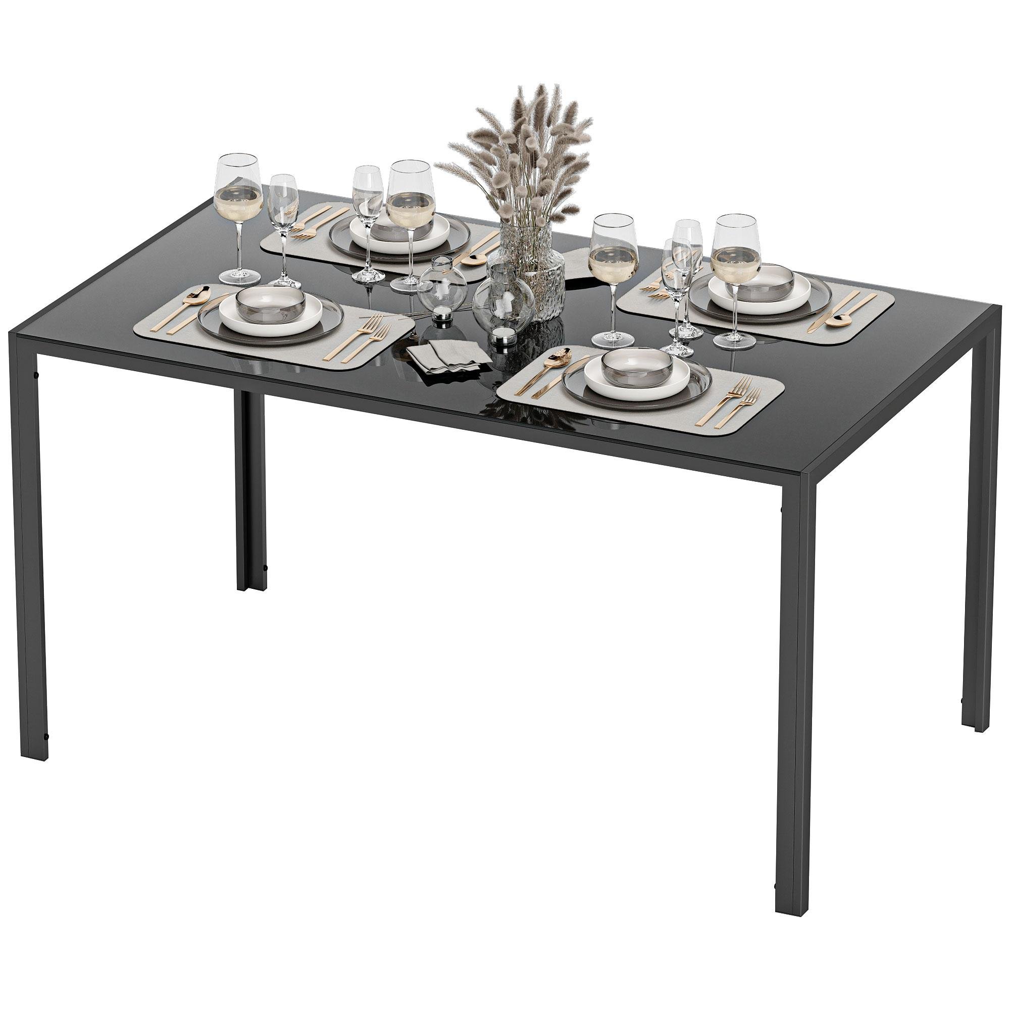 black glass dining table with steel frame for four