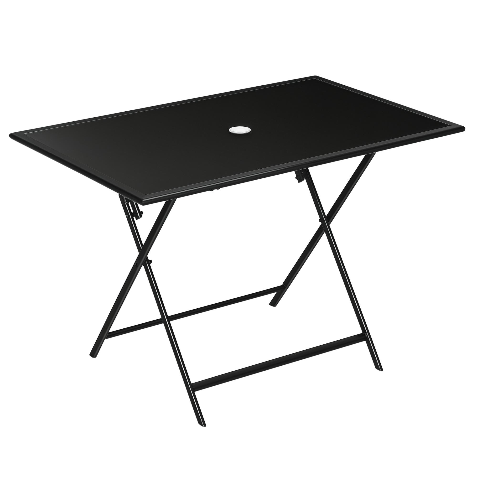 Black Folding Glass Patio Table with Umbrella Hole