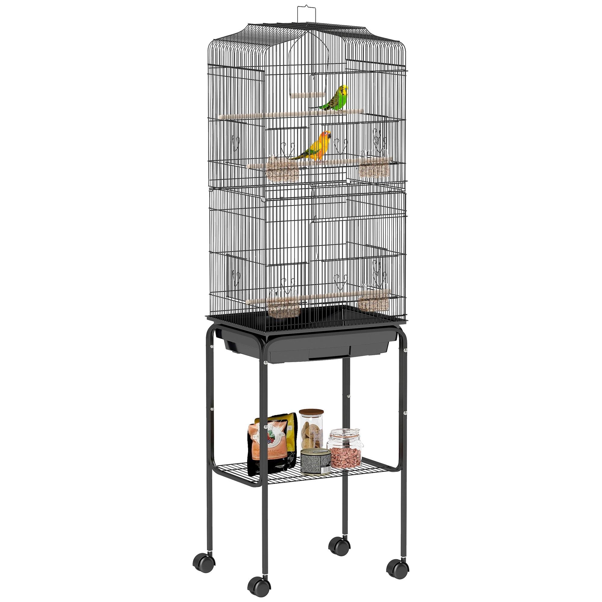Black Rolling Bird Cage with Storage Shelf for Small Birds