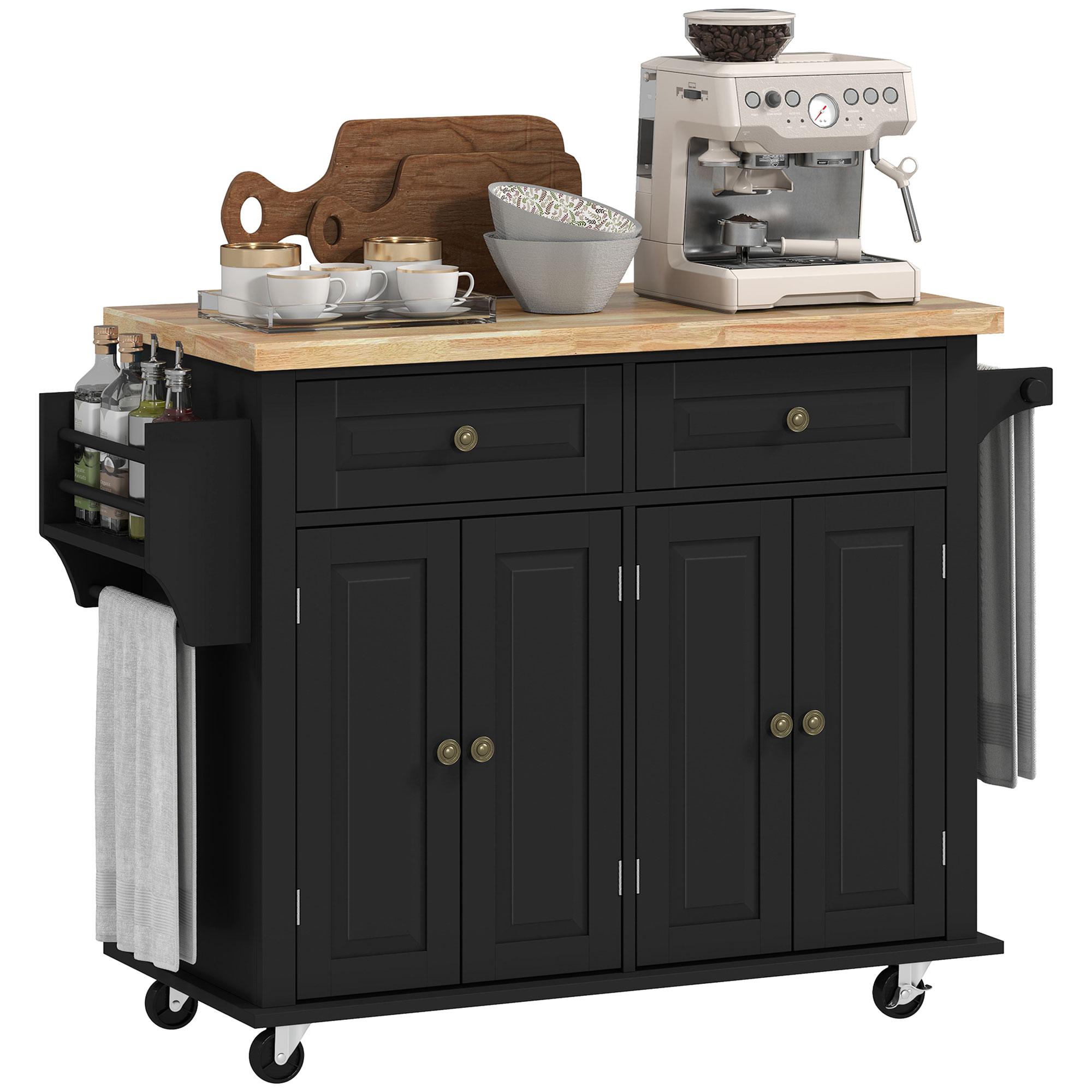 Black Rolling Kitchen Island with Rubber Wood Top