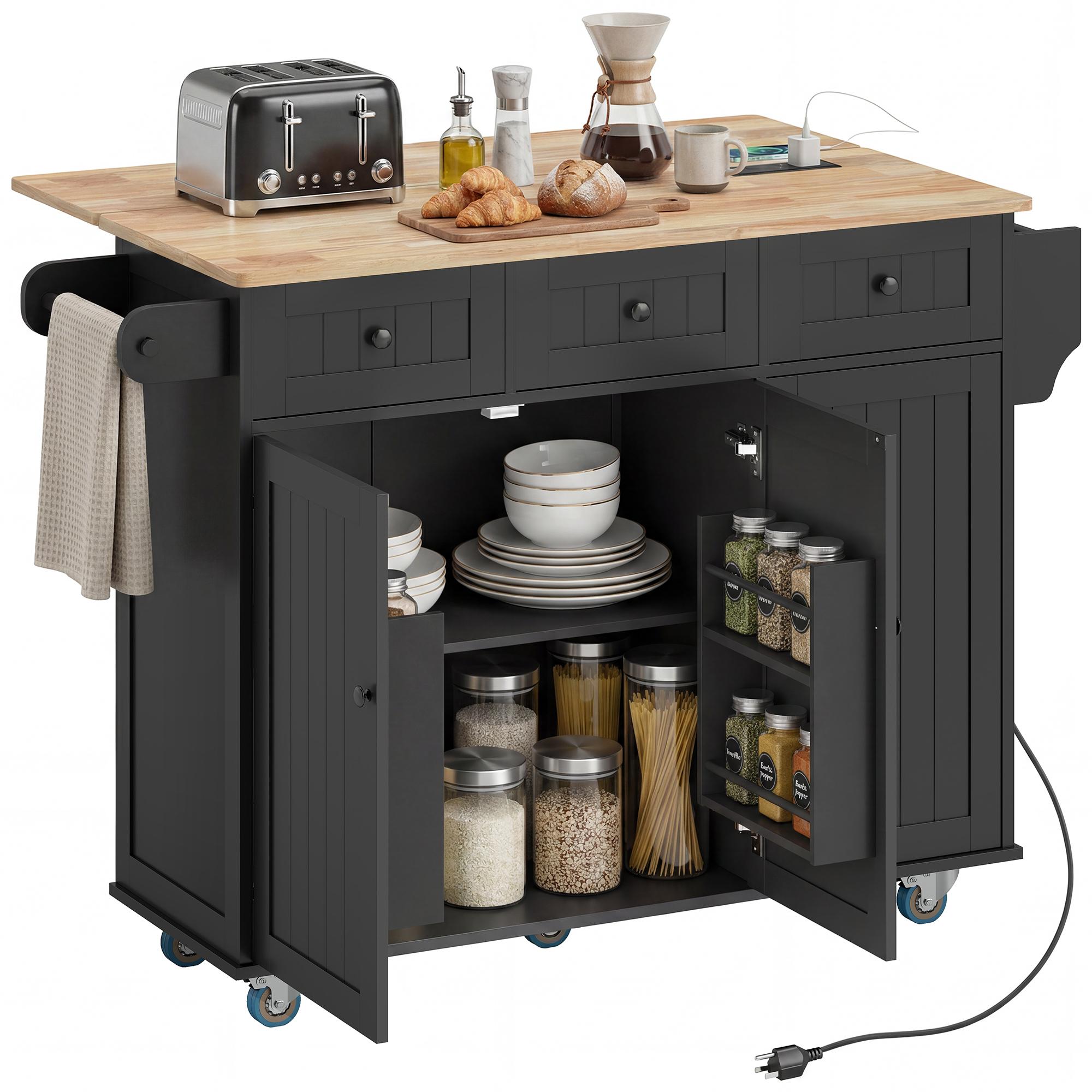 Black Charging Kitchen Island with Drop Leaf, 53.1 in