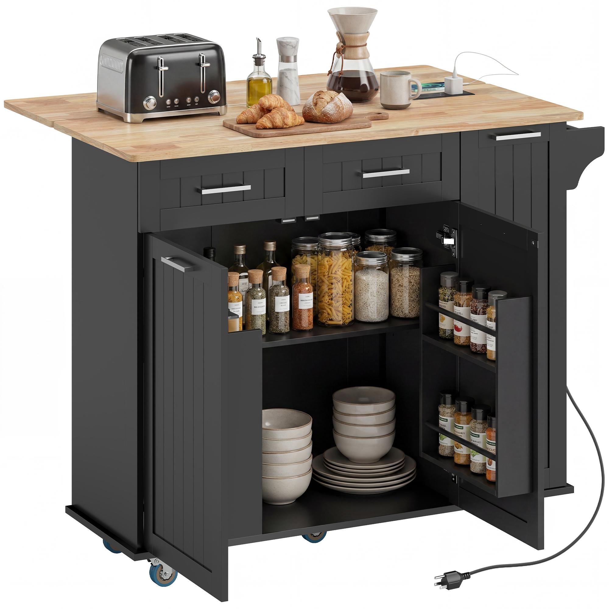 Black Rubberwood Drop Leaf Island with Charging Station