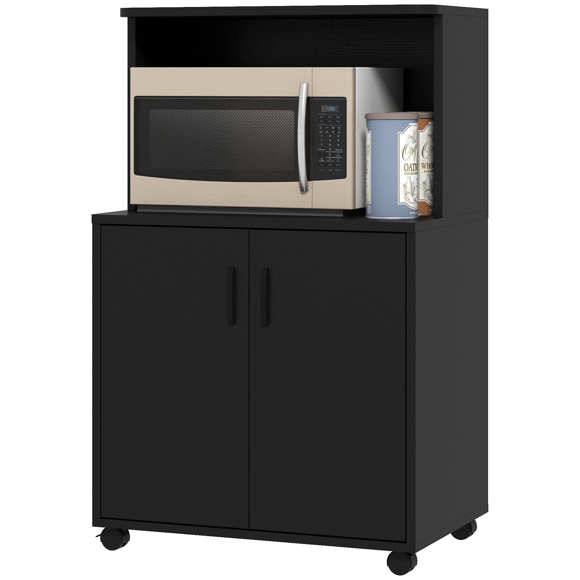Black Rolling Microwave Cart with Adjustable Cabinet Shelf