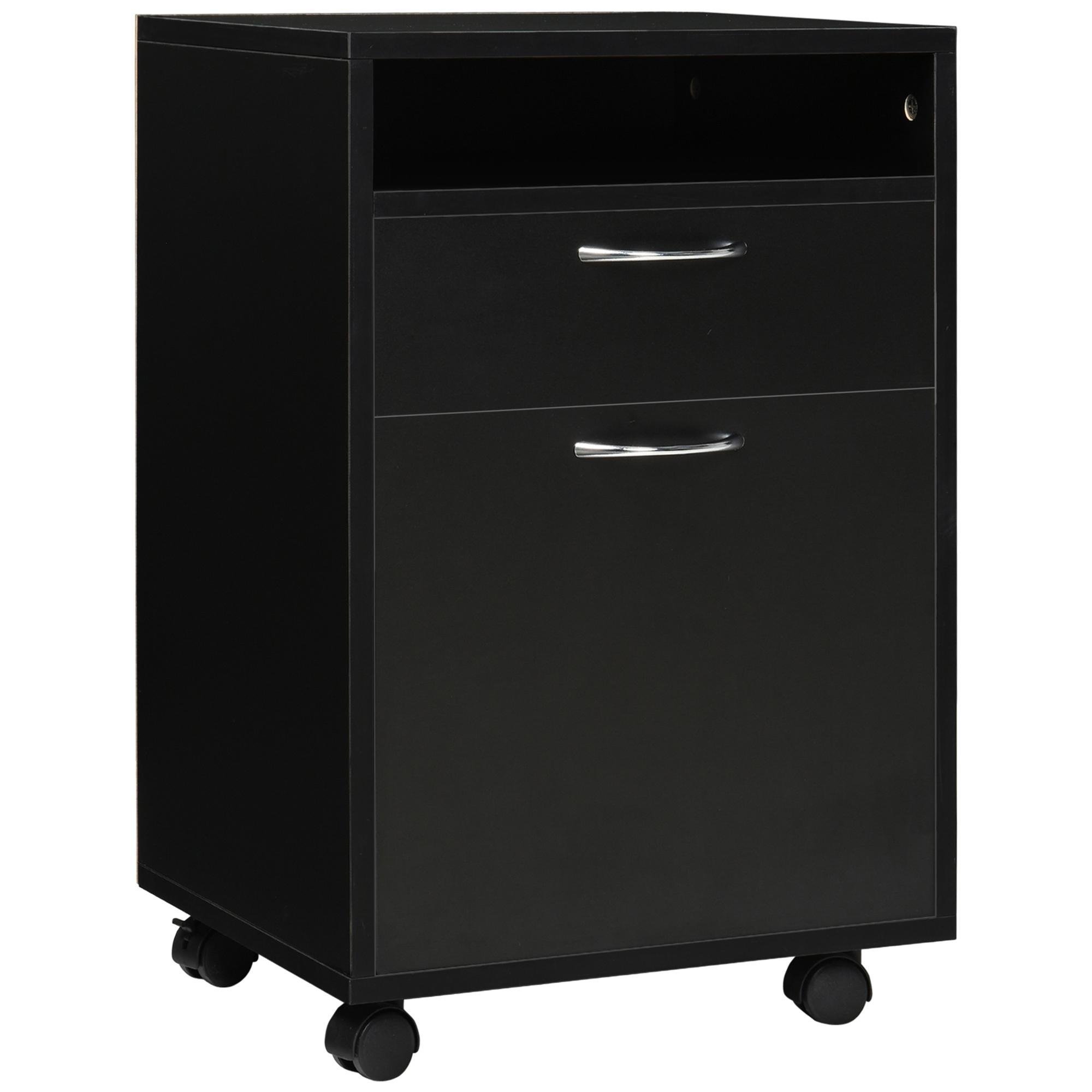 Black Rolling Office Cabinet with Open Shelf