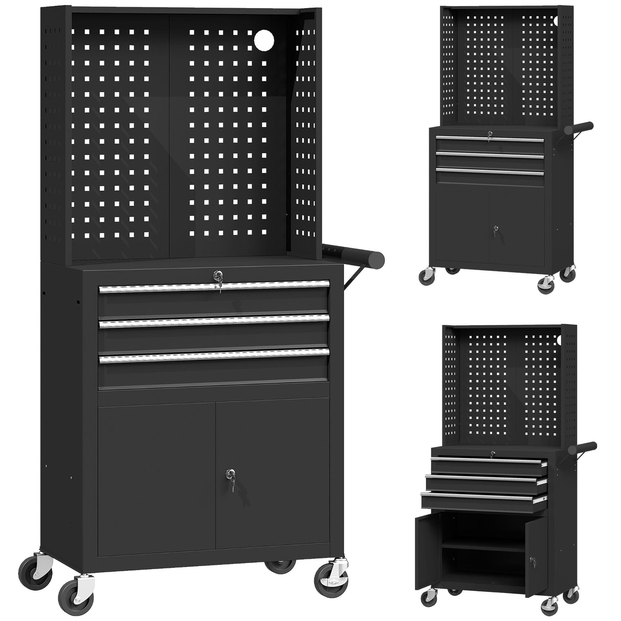 Black Steel Rolling Pegboard Cabinet with 3 Drawers