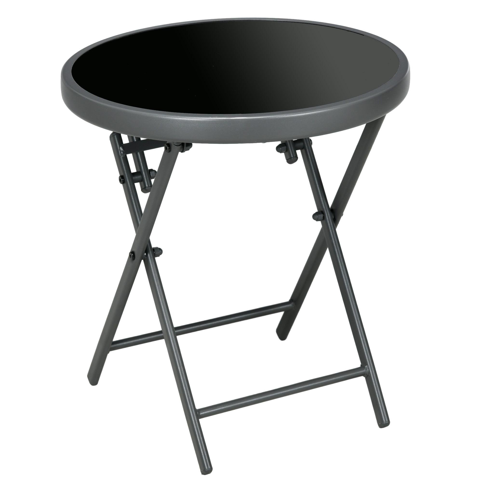 Black Folding Glass Side Table, 17.7-Inch Round Patio Table