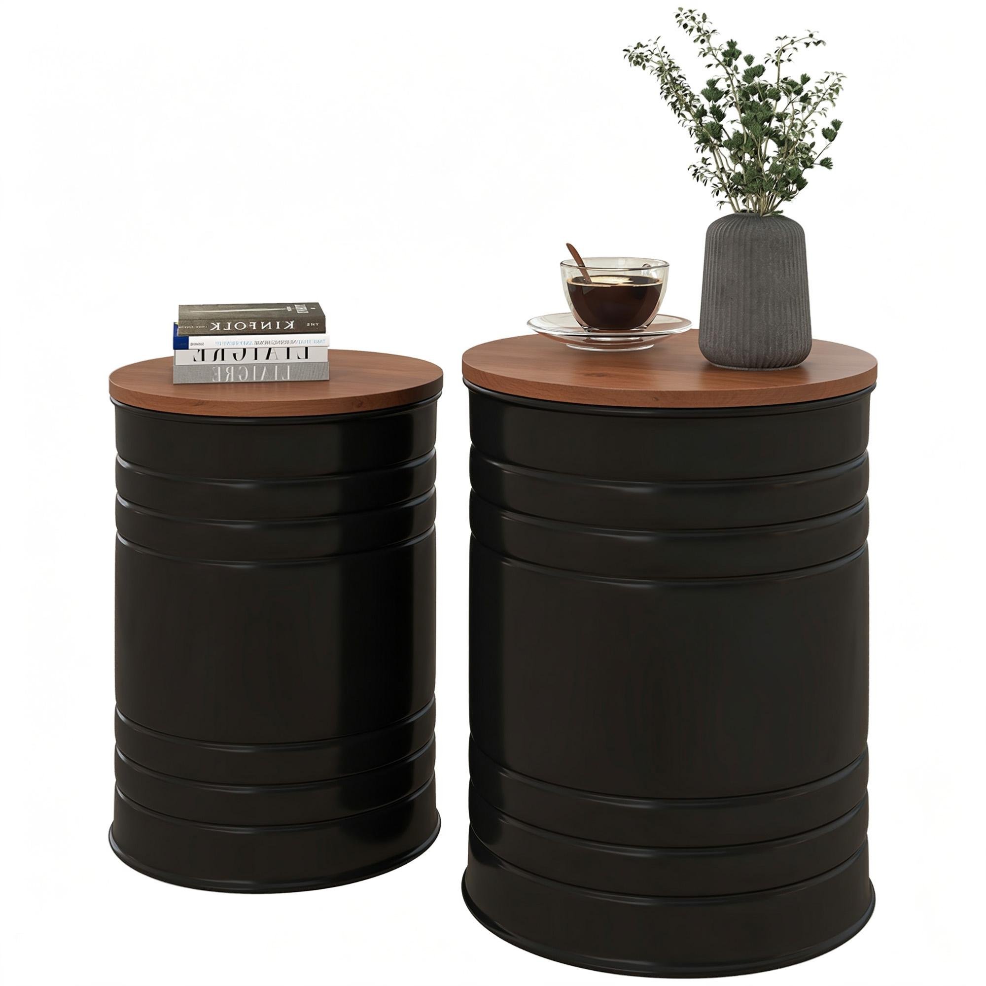 Black Fir Wood Nesting Tables with Hidden Storage, Set of 2