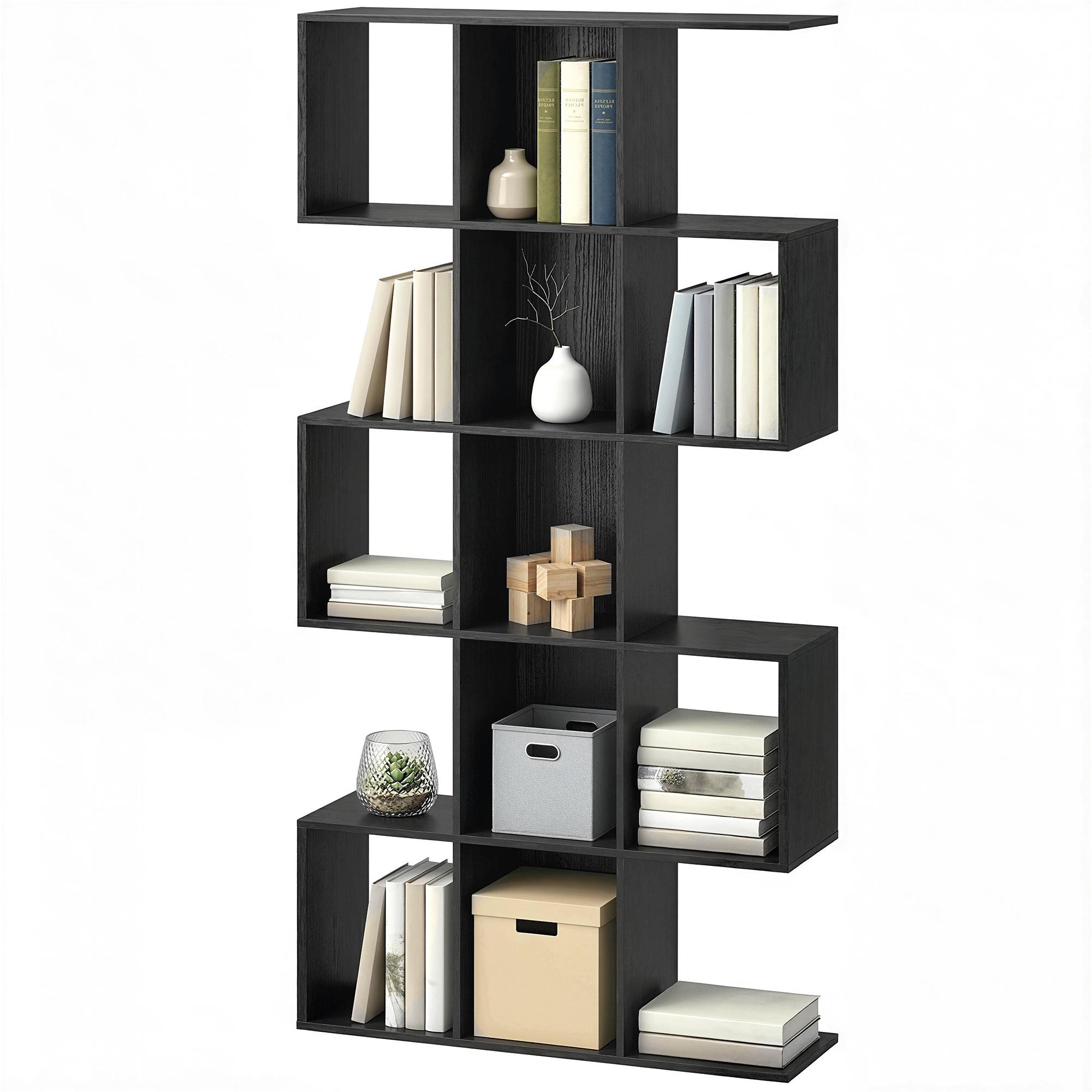 Black 15 Compartment Bookshelf, S-Shaped 62 in Display Storage