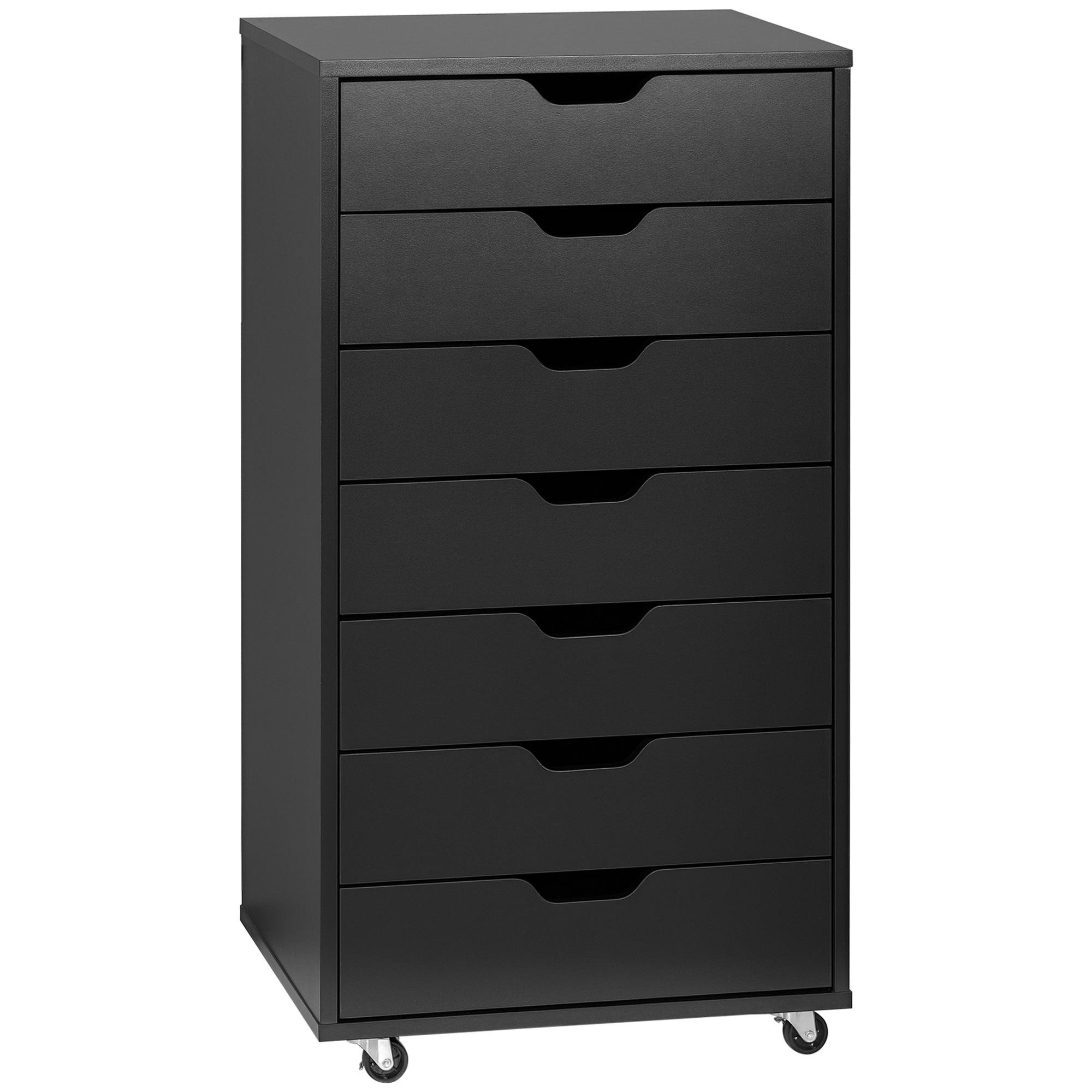 Black Seven Drawer Cabinet with Wheels, 18.7 x 15.6 x 35.4 in