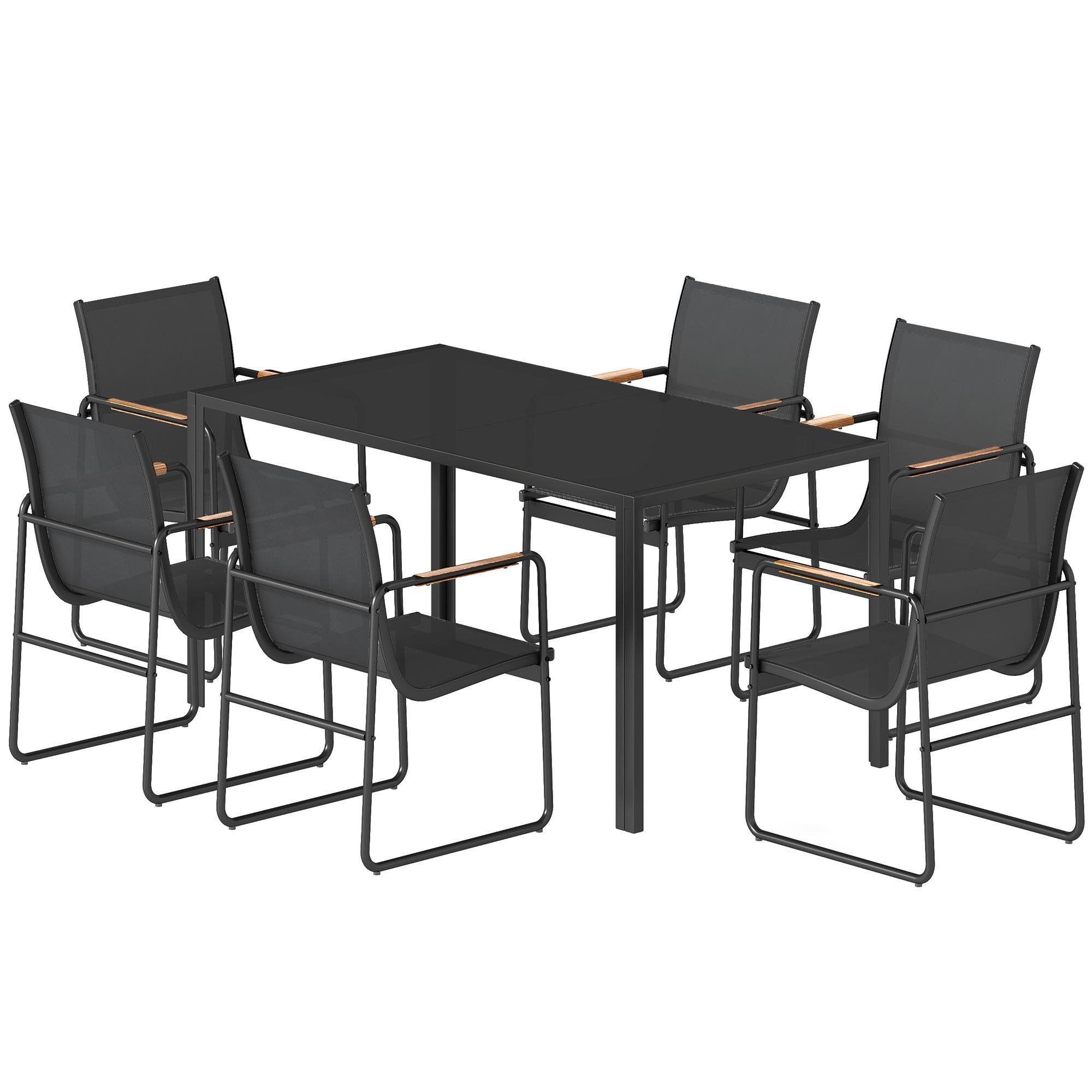 Black Mesh Dining Set with Tempered Glass Table for 6