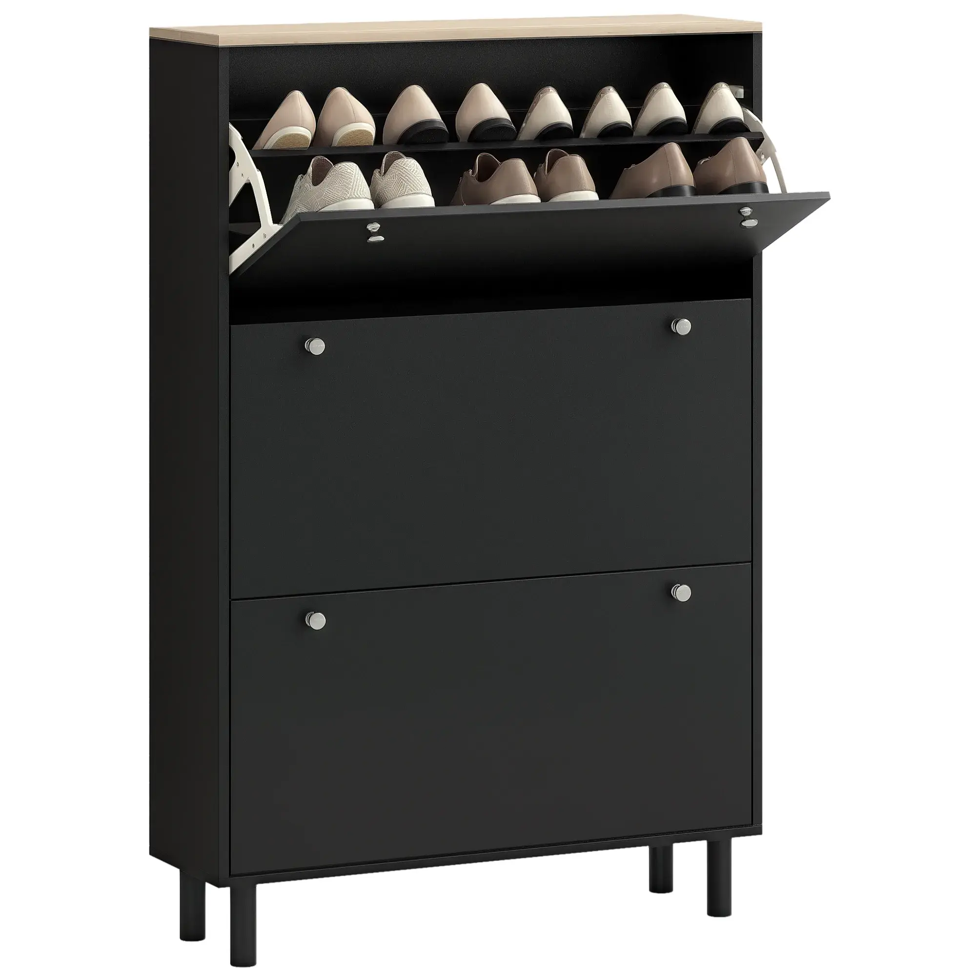 Black 24 Pair Shoe Cabinet with 3 Flip Drawers